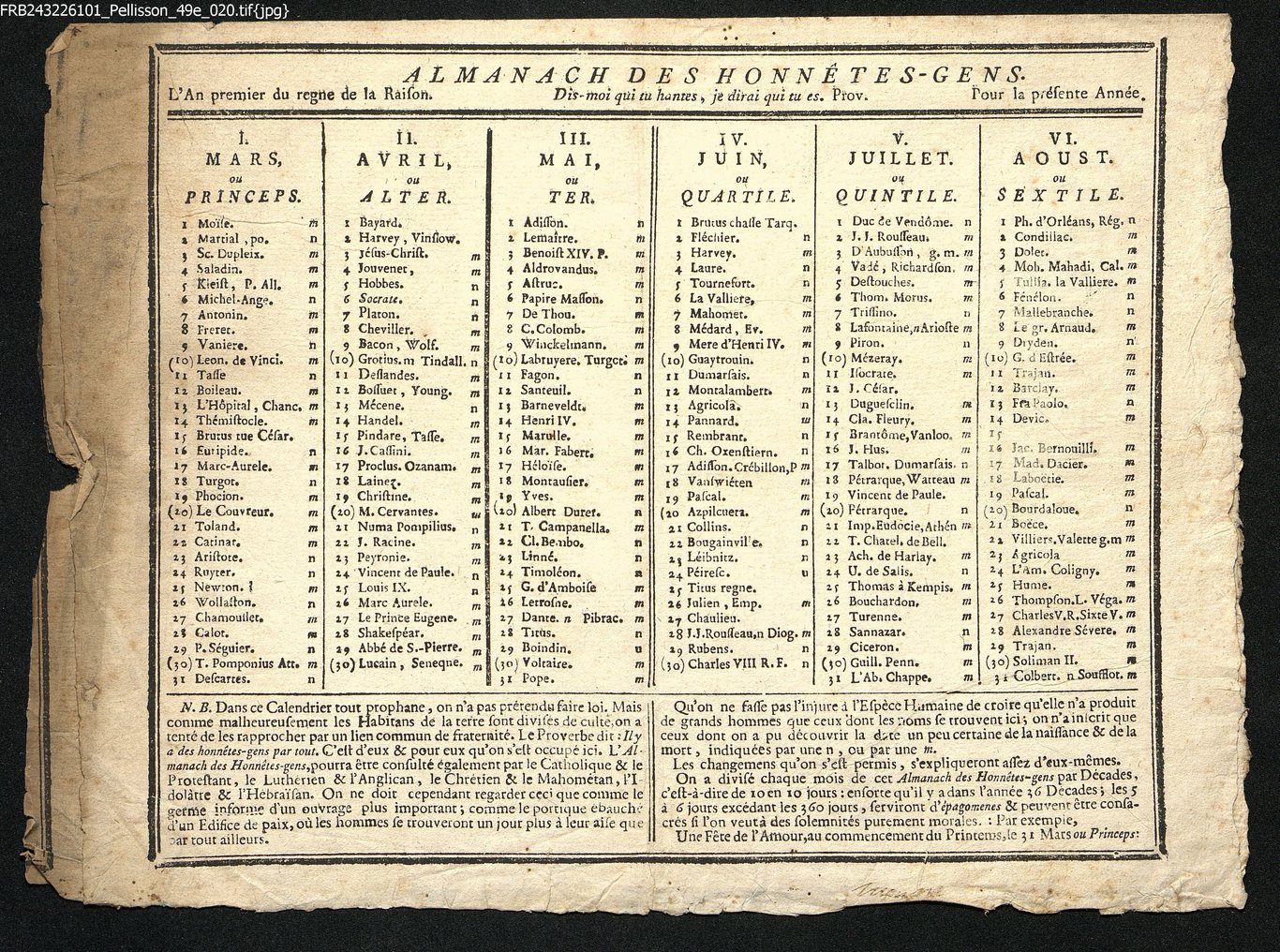 L'almanach des honnêtes gens, ano primeiro do reinado da Raifon, de março a agosto.