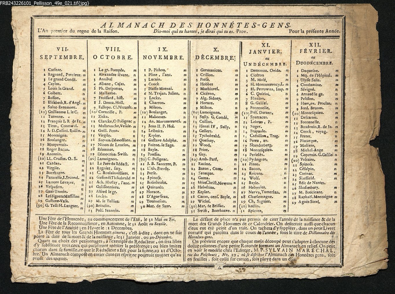 L'almanach des honnêtes gens, ano primeiro do reinado da Raifon, de setembro a fevereiro.