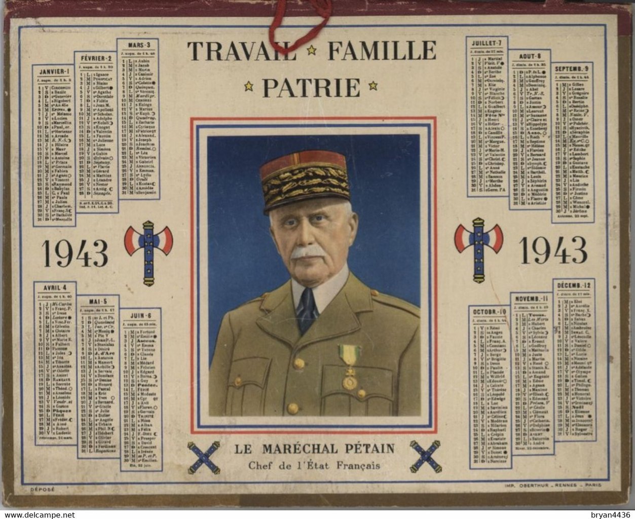 Calendário de 1943 com a efígie do marechal Pétain