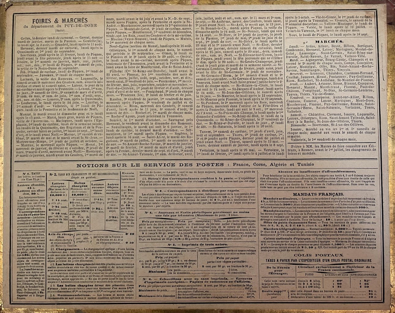 Almanach des postes 1898, verso, feiras e mercados do departamento de Puy-de-Dôme