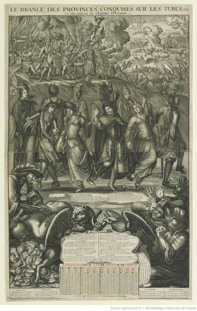 Almanaque de 1688, a dança das províncias conquistadas aos turcos, em que se vê a decadência do Império Otomano