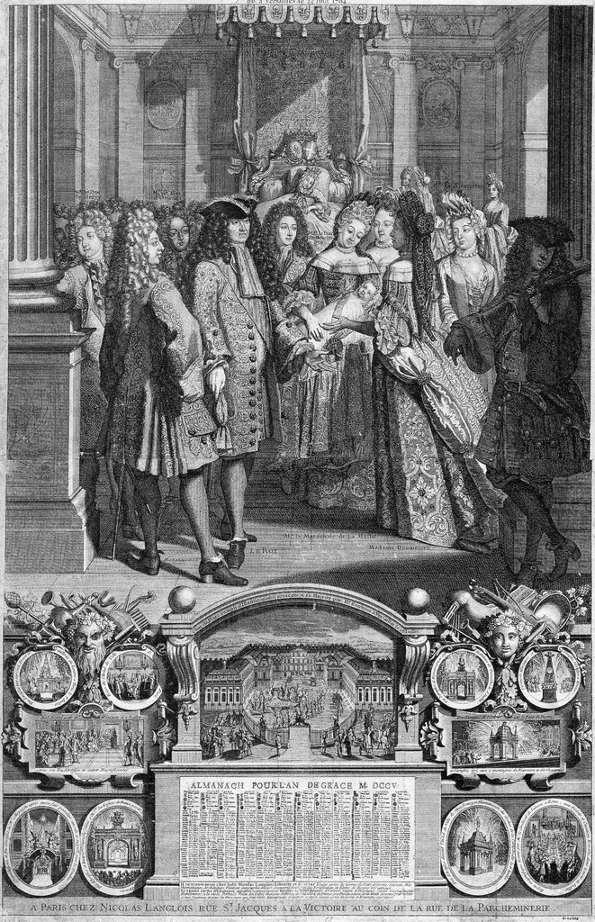 Almanach Royal de 1705. Nascimento do duque da Bretanha, bisneto de Luís XIV, em 25 de junho de 1704.