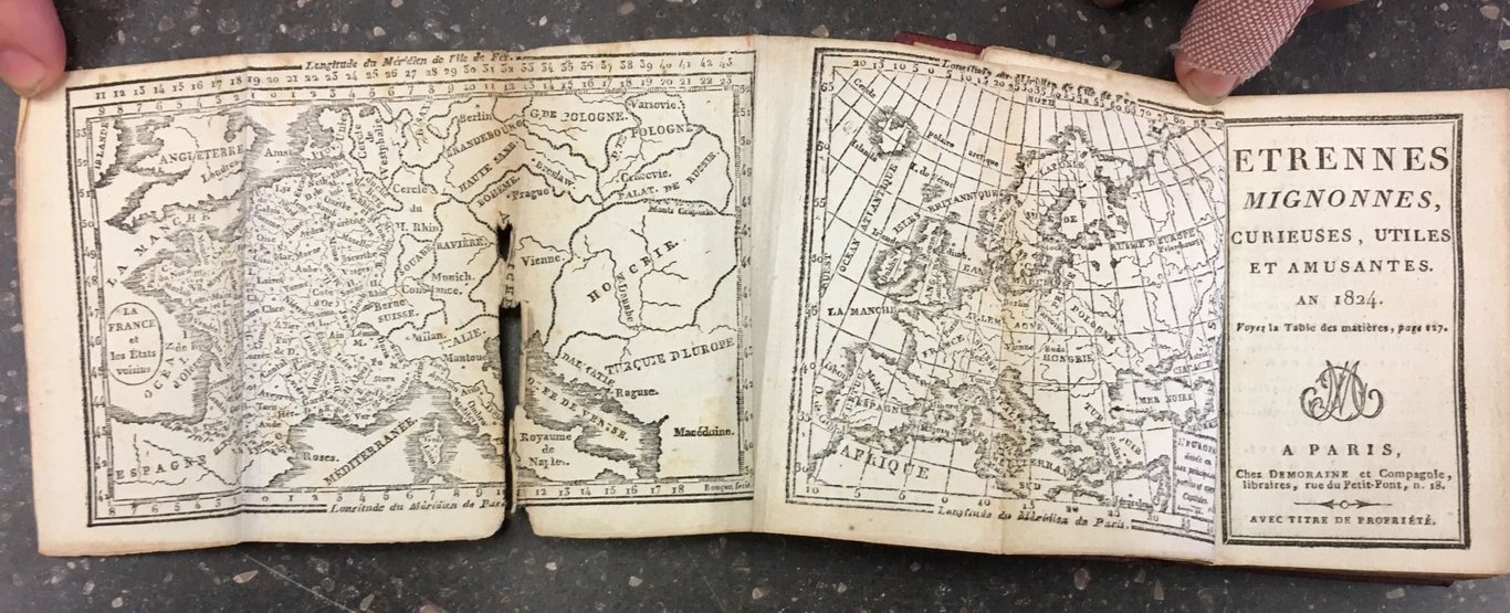 Mapa da França e da Europa com as étrennes mignonnes, curieuses, utiles et amusantes de 1824