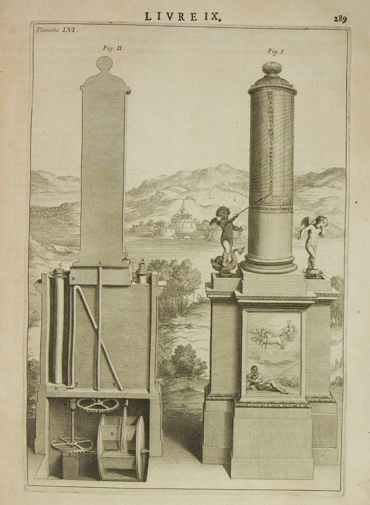 Relógio hidráulico de Ctesíbio, extraído da obra Os dez livros de arquitetura de Vitrúvio, segunda edição, Biblioteca da Fundação Werner Oechslin, Einsiedeln