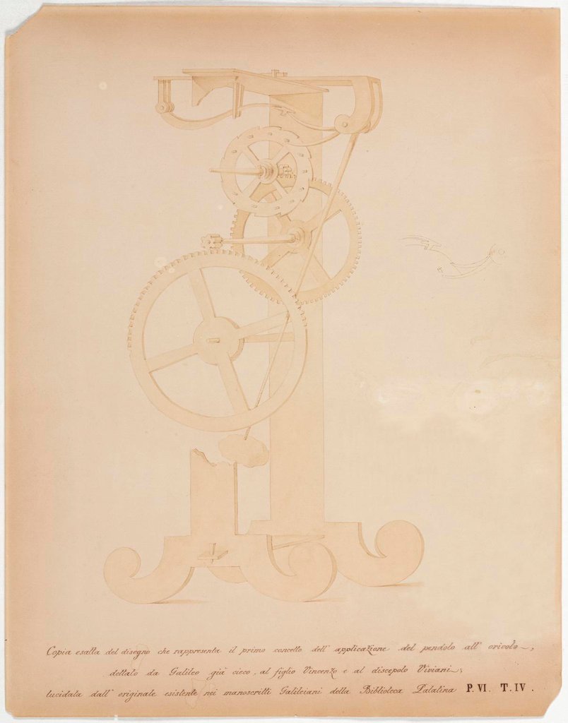 Plano do relógio de Galileu, elaborado por Vincenzo Viviani (1622-1703), seu biógrafo e amigo.