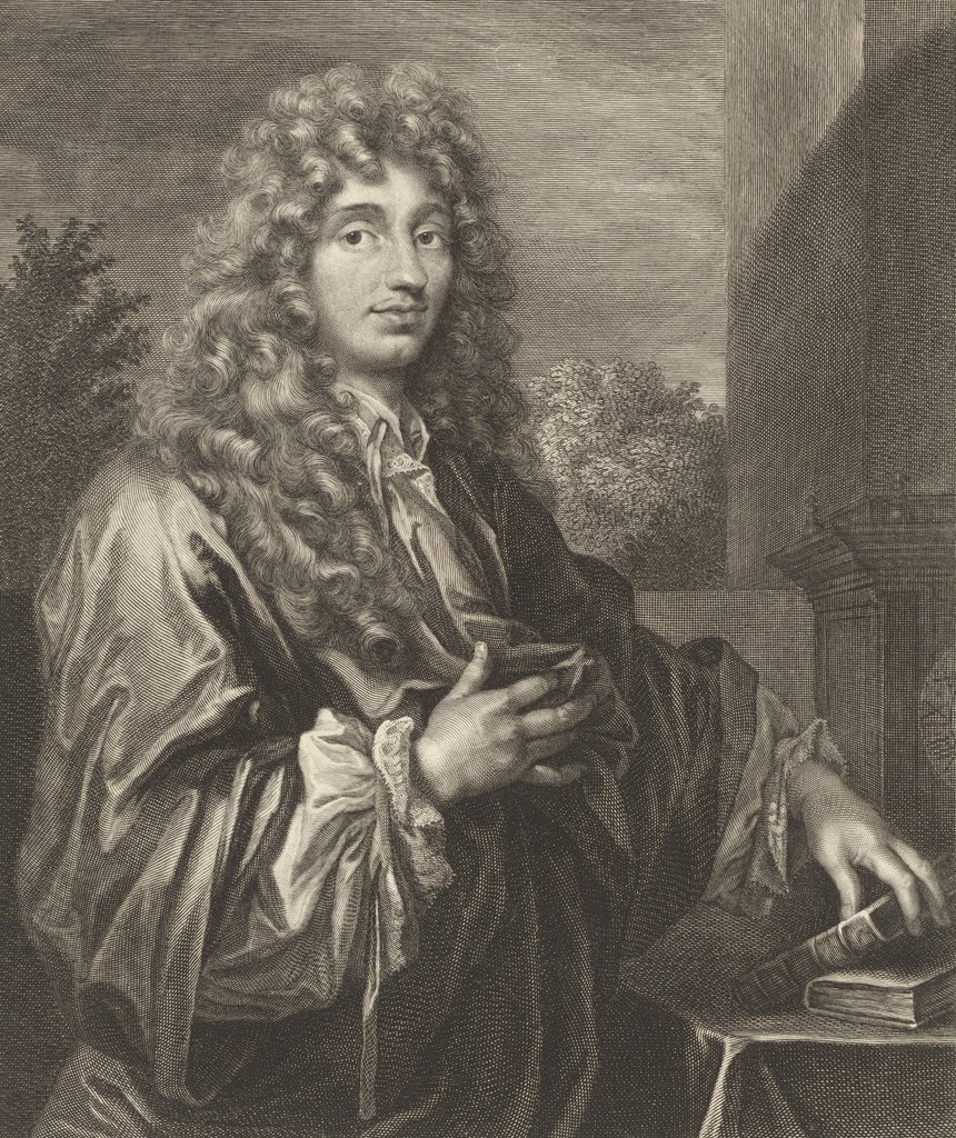 Retrato de Christiaan Huygens, gravura de Jacques-Antoine Friquet de Vauroze, por volta de 1687