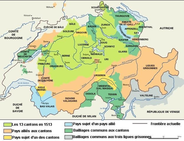 Mapa da Confederazione dos XIII cantoni no XVI século