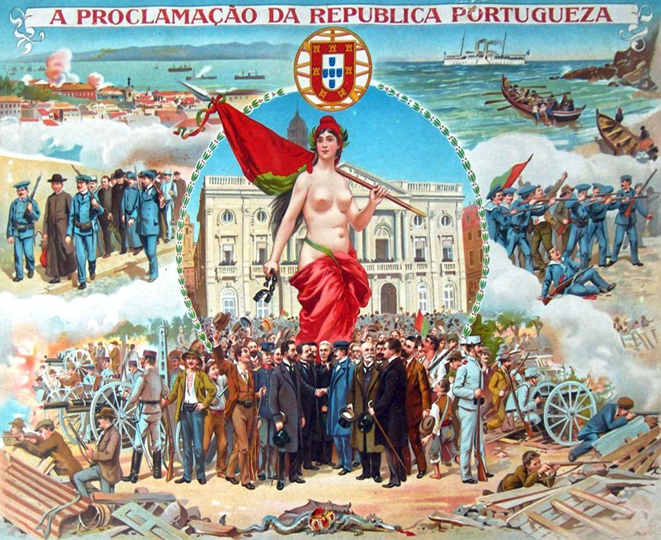 Colour lithography by artist Cândido da Silva depicting the revolutionary events on the night of 3 October 1910 that led to the proclamation of the Portuguese Republic.