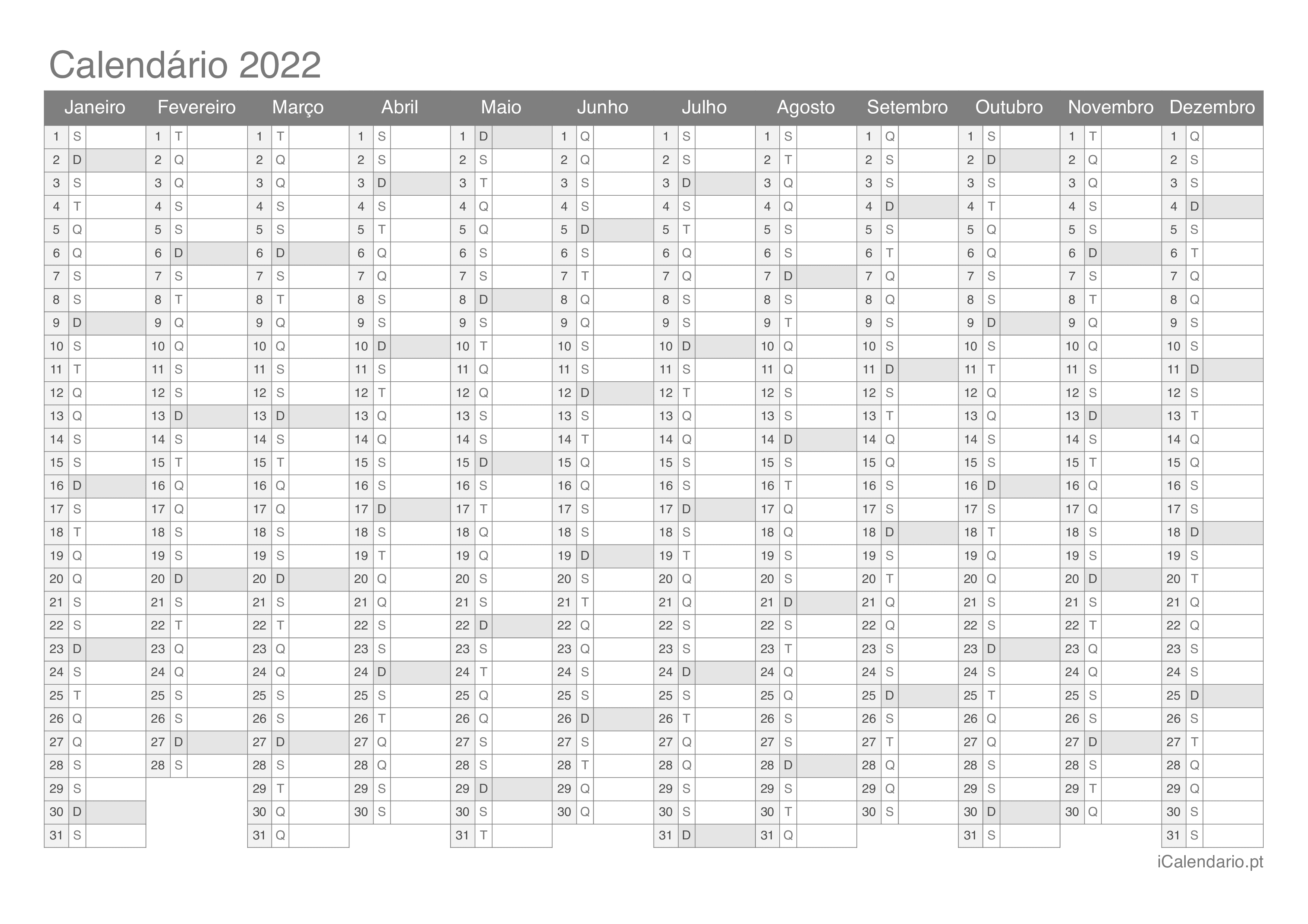 Calendário 2022 para imprimir - iCalendário.pt.
