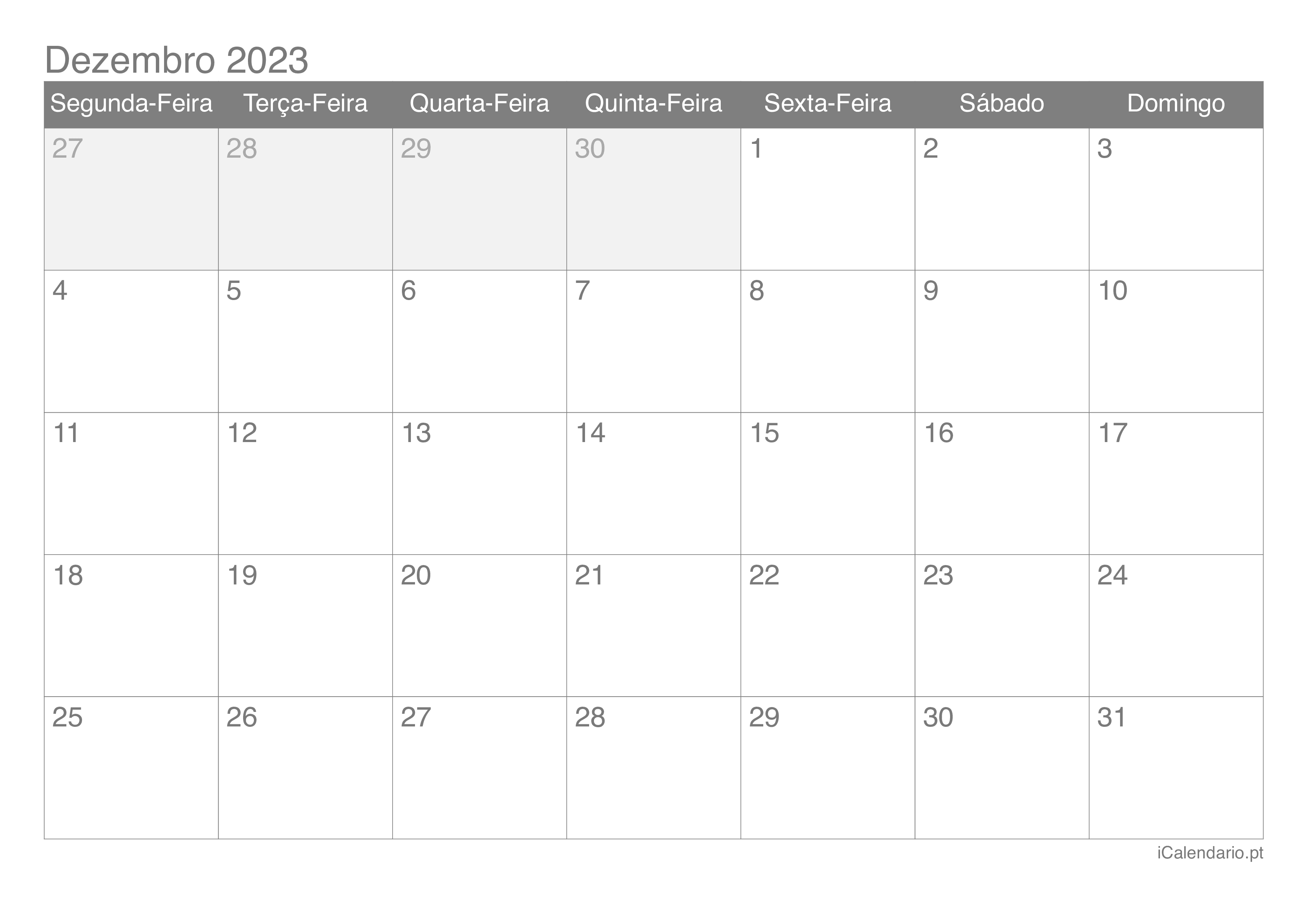 Calendário dezembro de 2023 para imprimir Calendário dezembro de 2023 para imprimir
