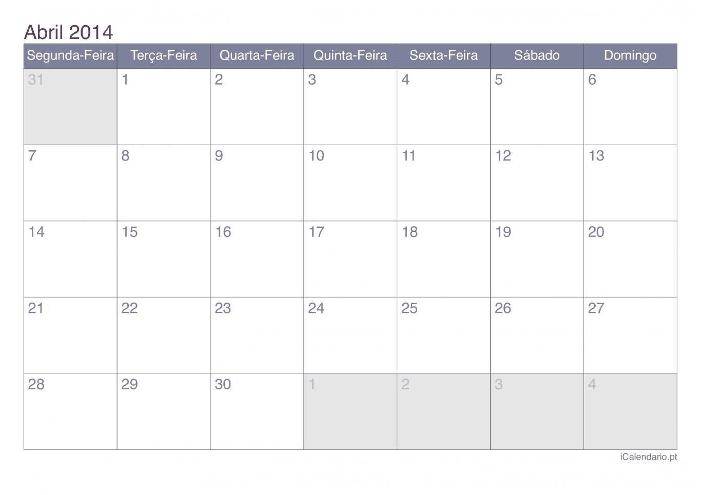 Calendário de abril 2014 - Office
