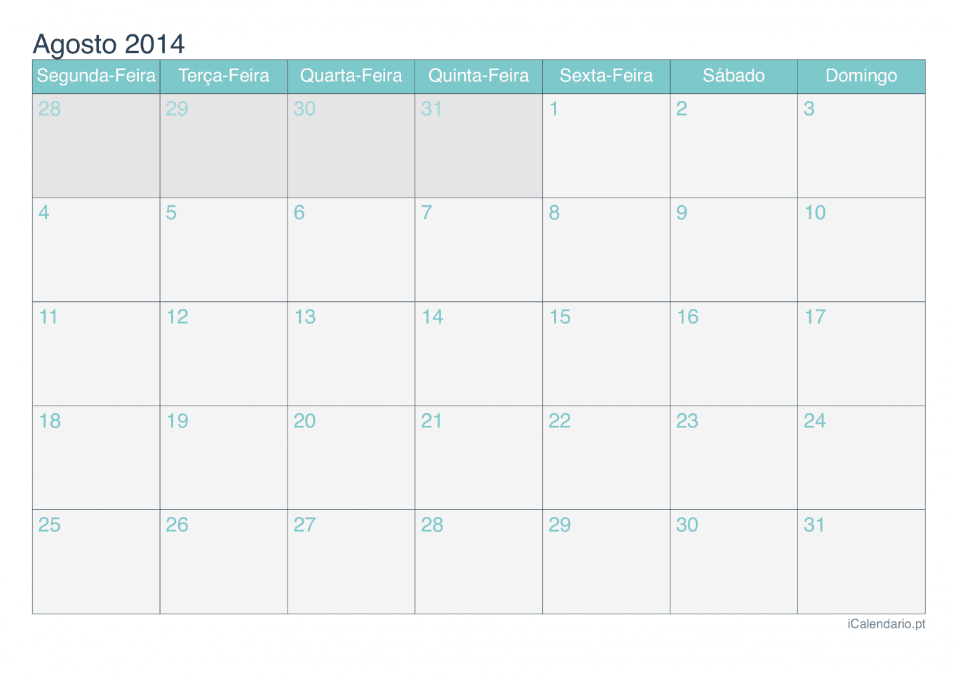 Calendário de agosto 2014 - Turquesa