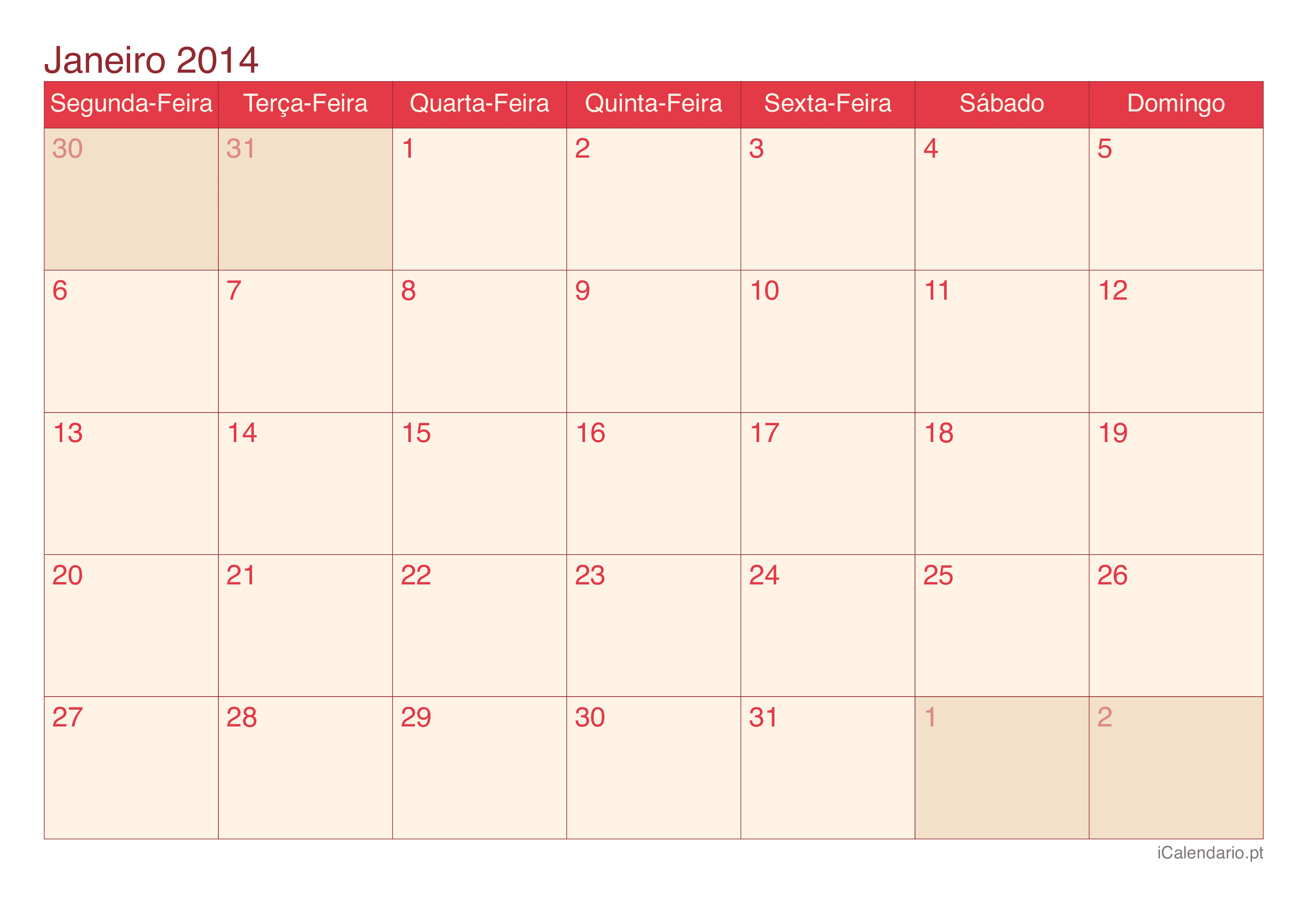 Calendário por mês 2014 - Cherry