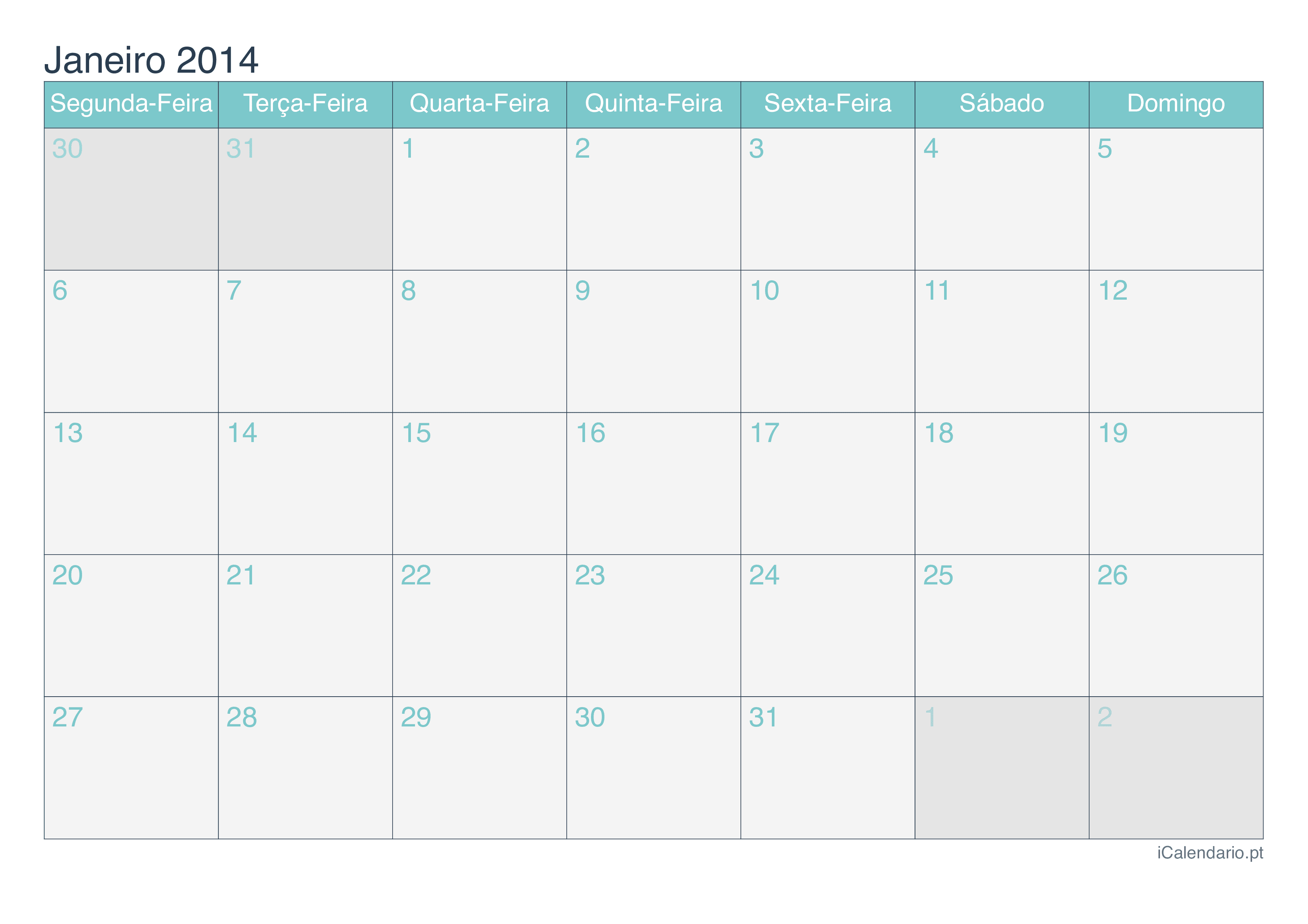 Calendário por mês 2014 - Turquesa