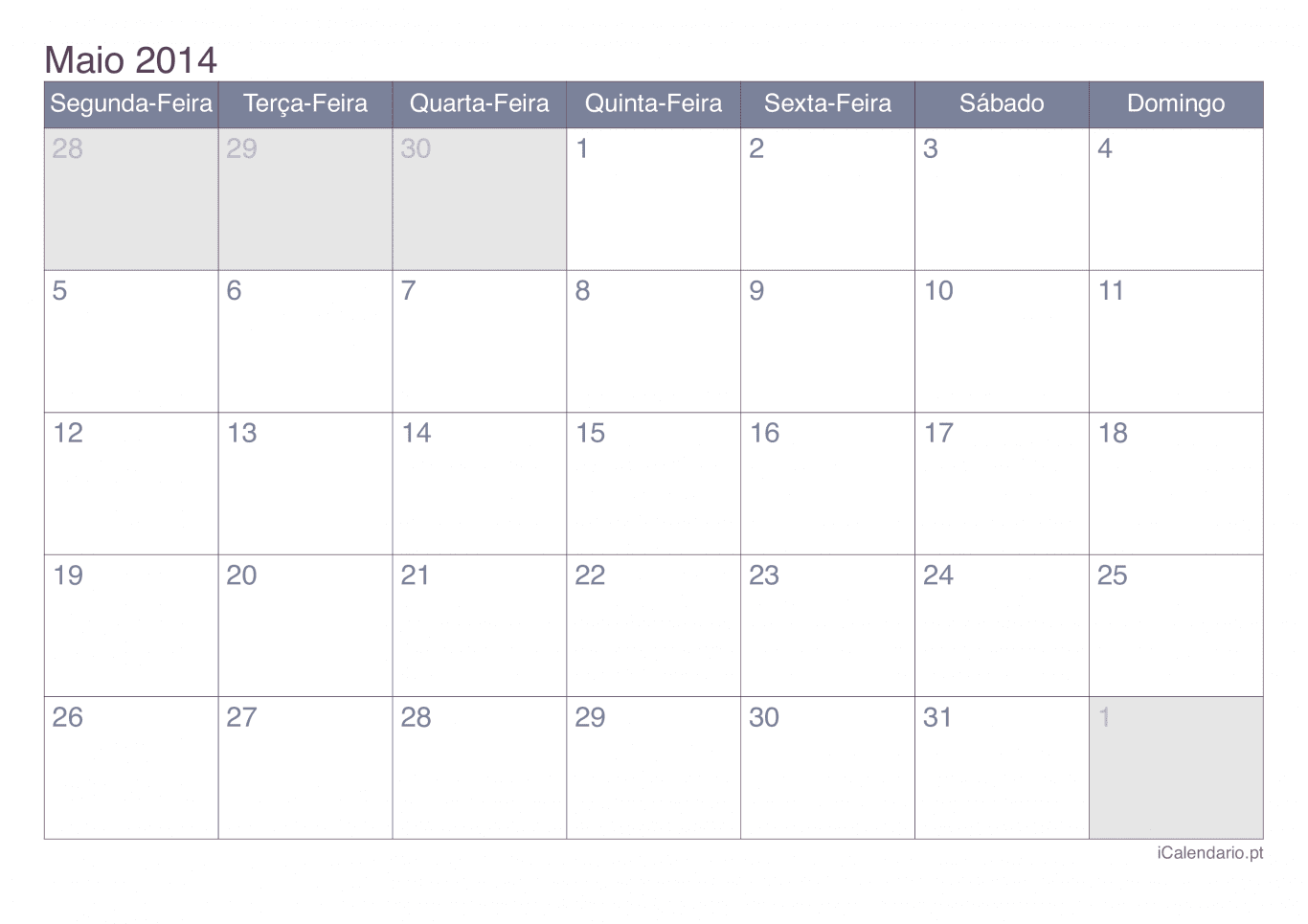 Calendário de maio 2014 - Office