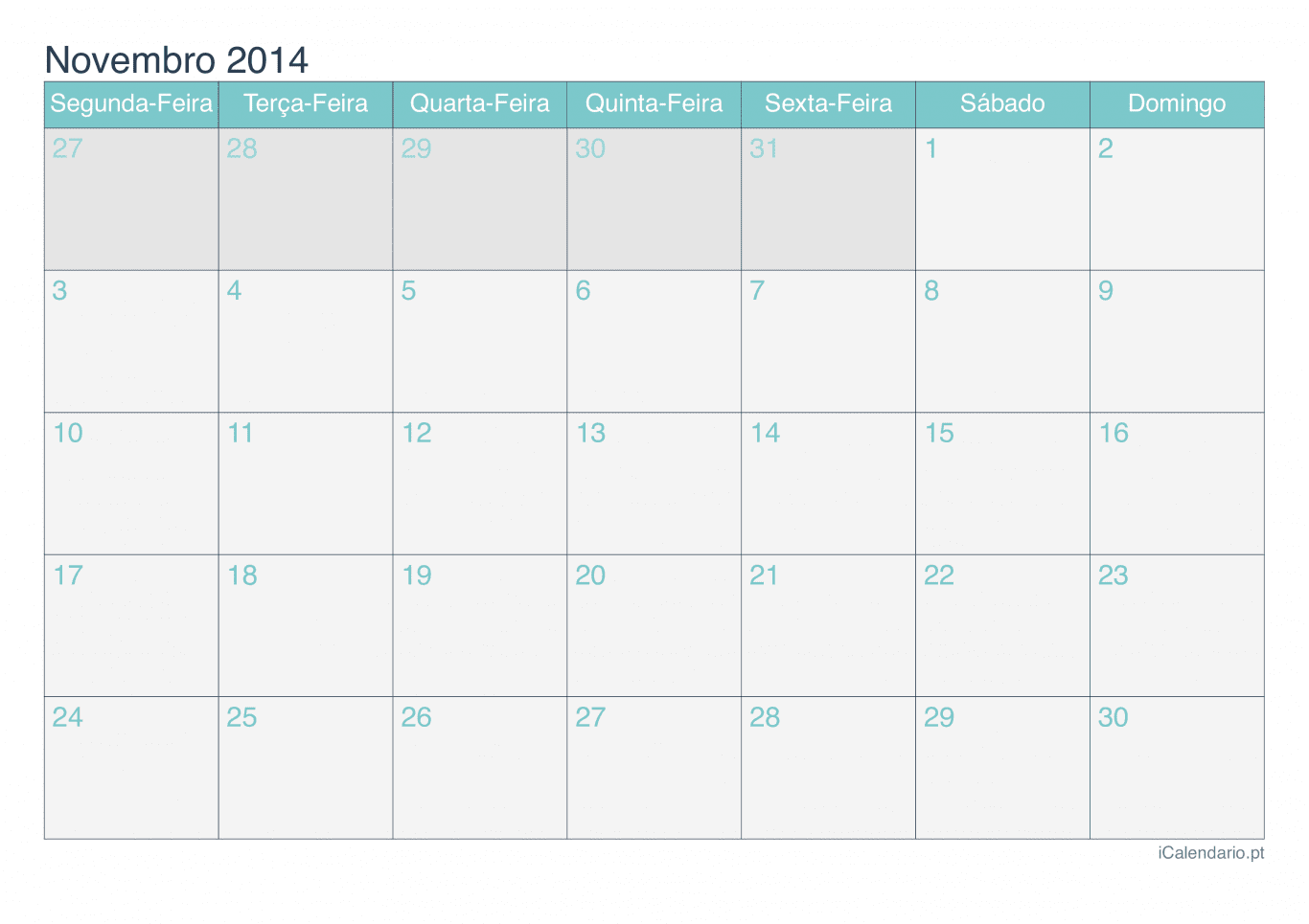 Calendário de novembro 2014 - Turquesa