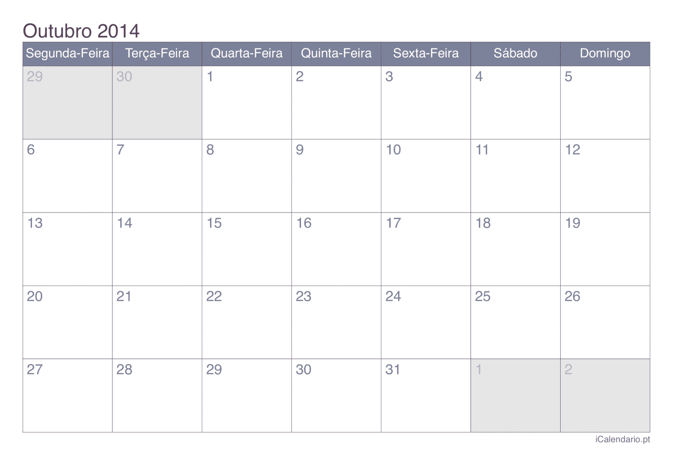 Calendário de outubro 2014 - Office