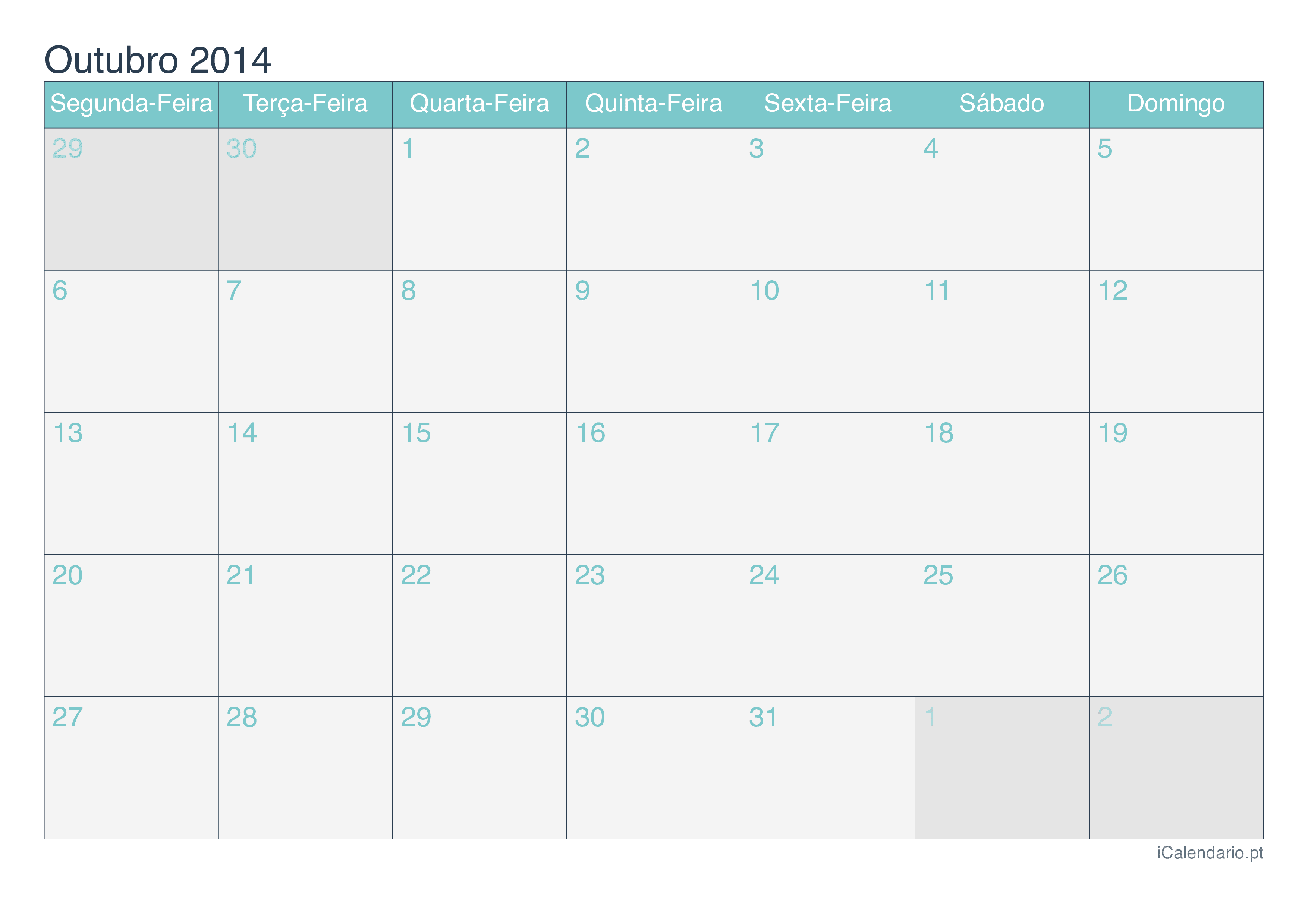 Calendário de outubro 2014 - Turquesa