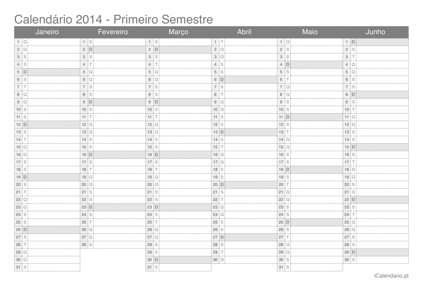Calendário por semestre 2014