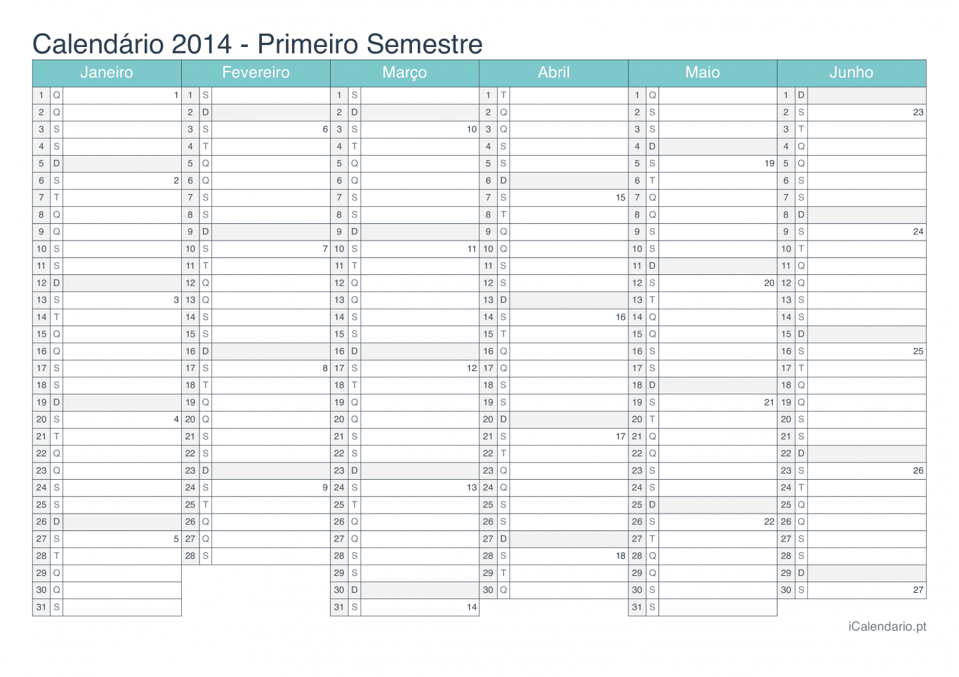 Calendário por semestre com números da semana 2014 - Turquesa