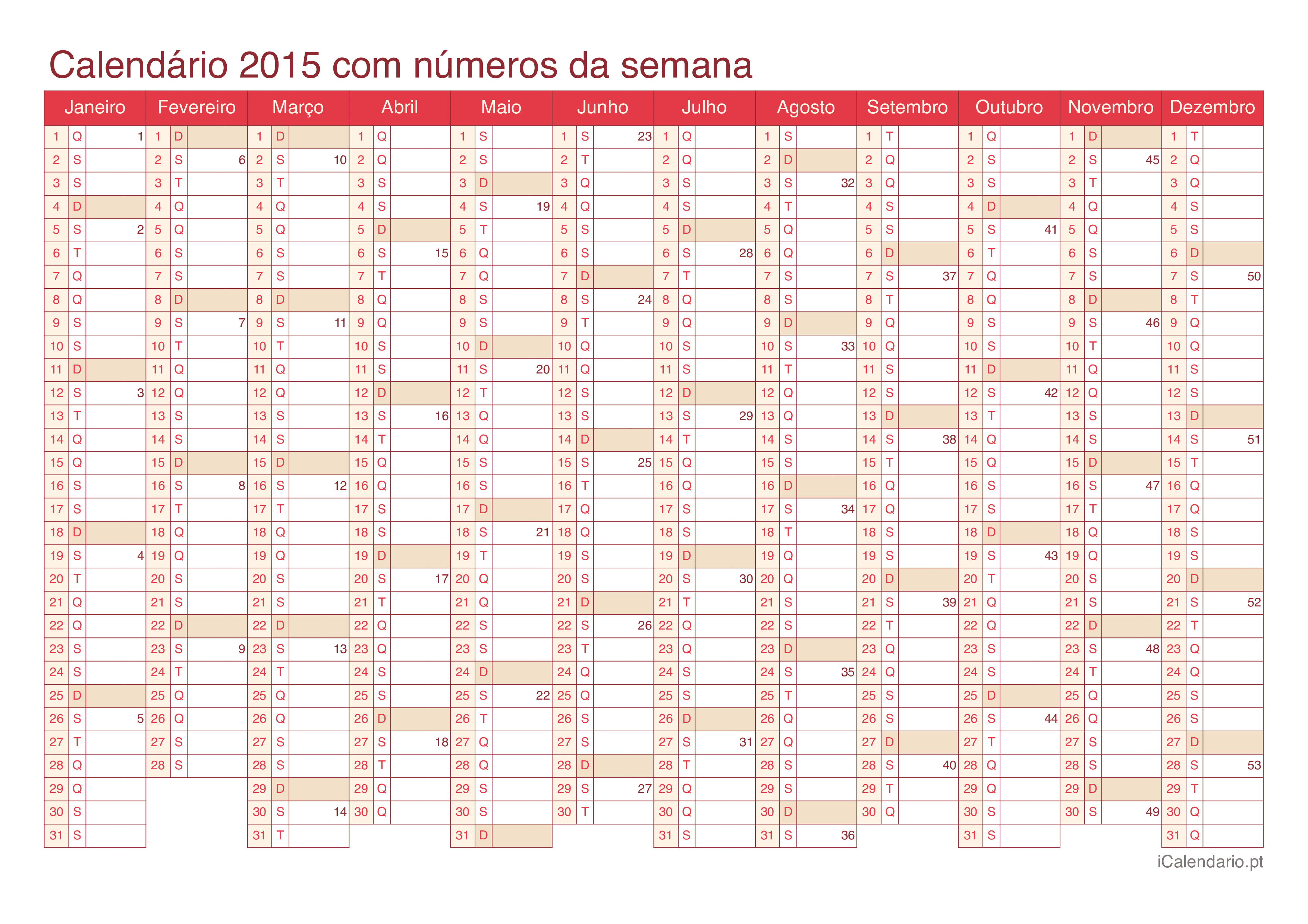 Calendário 2015 com números da semana - Cherry