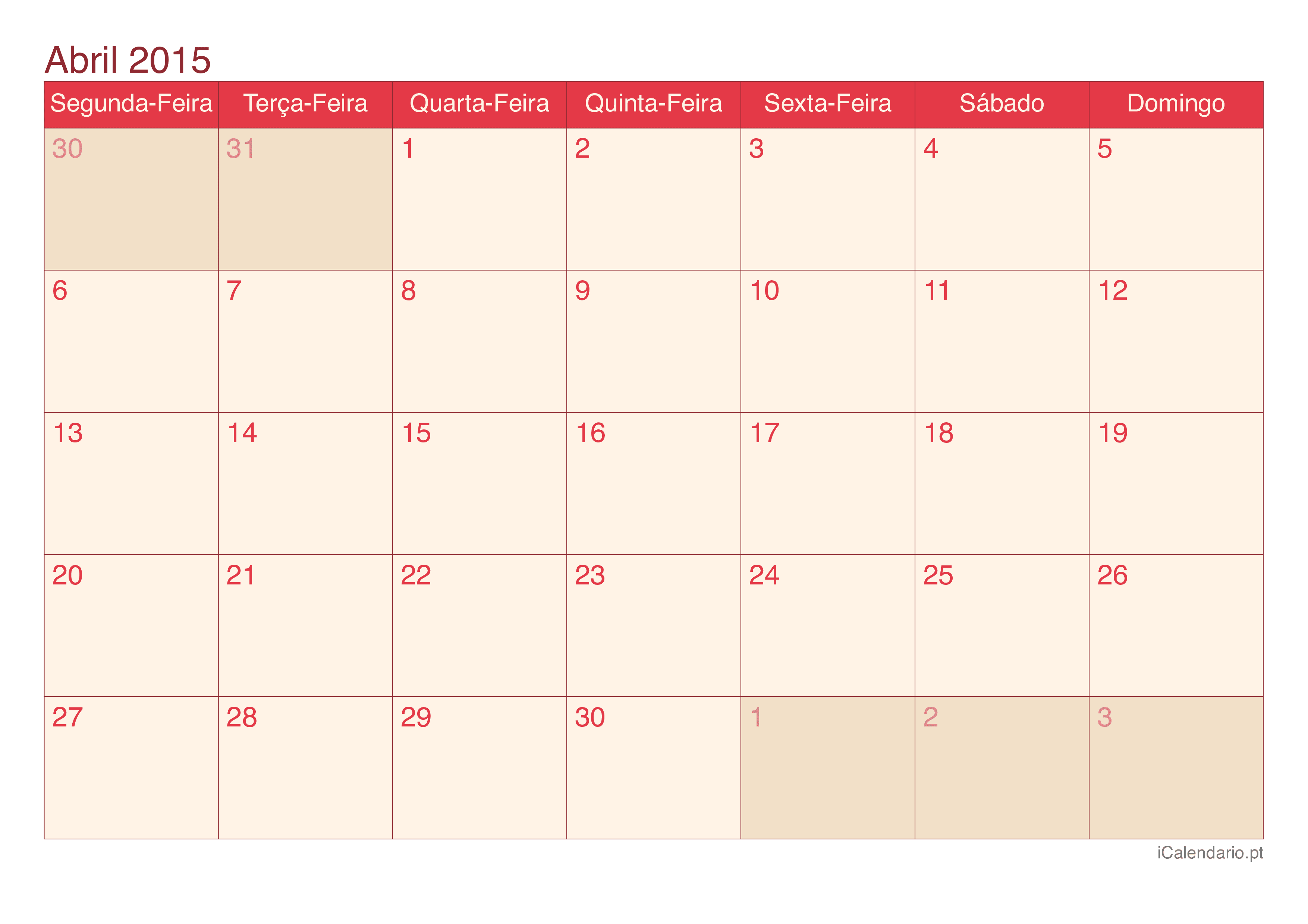 Calendário de abril 2015 - Cherry