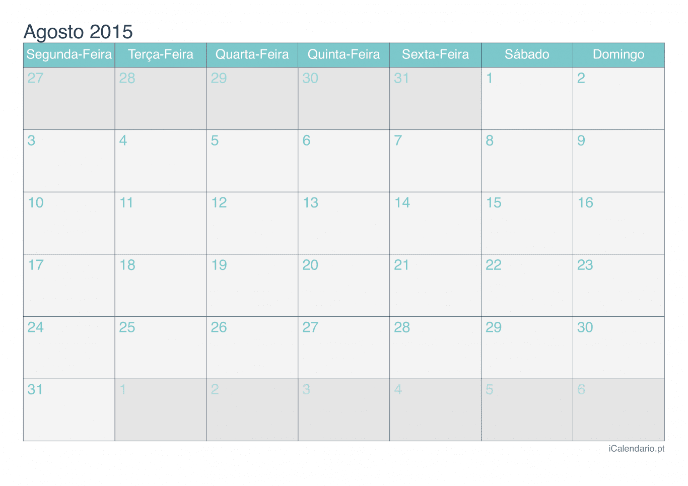 Calendário de agosto 2015 - Turquesa