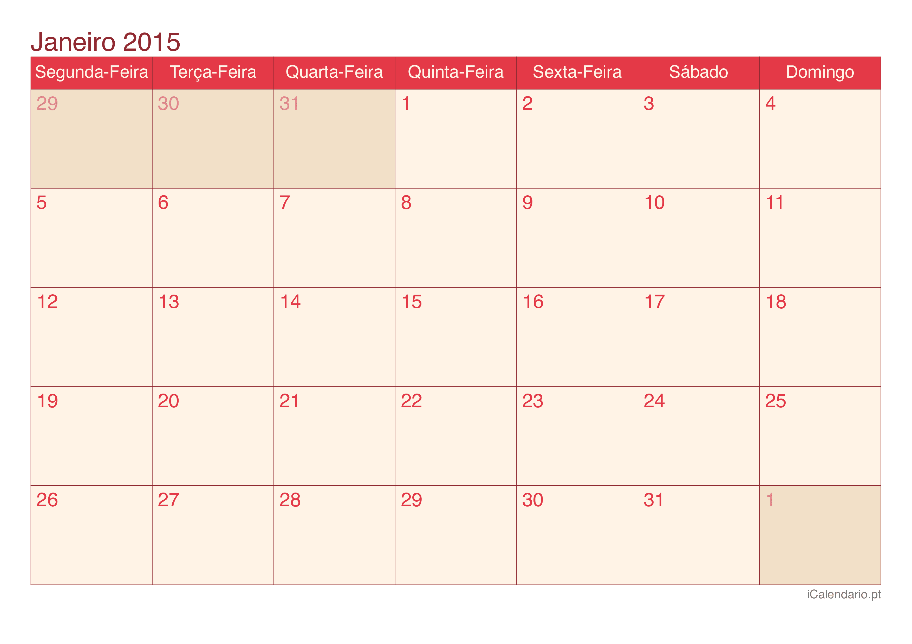 Calendário por mês 2015 - Cherry