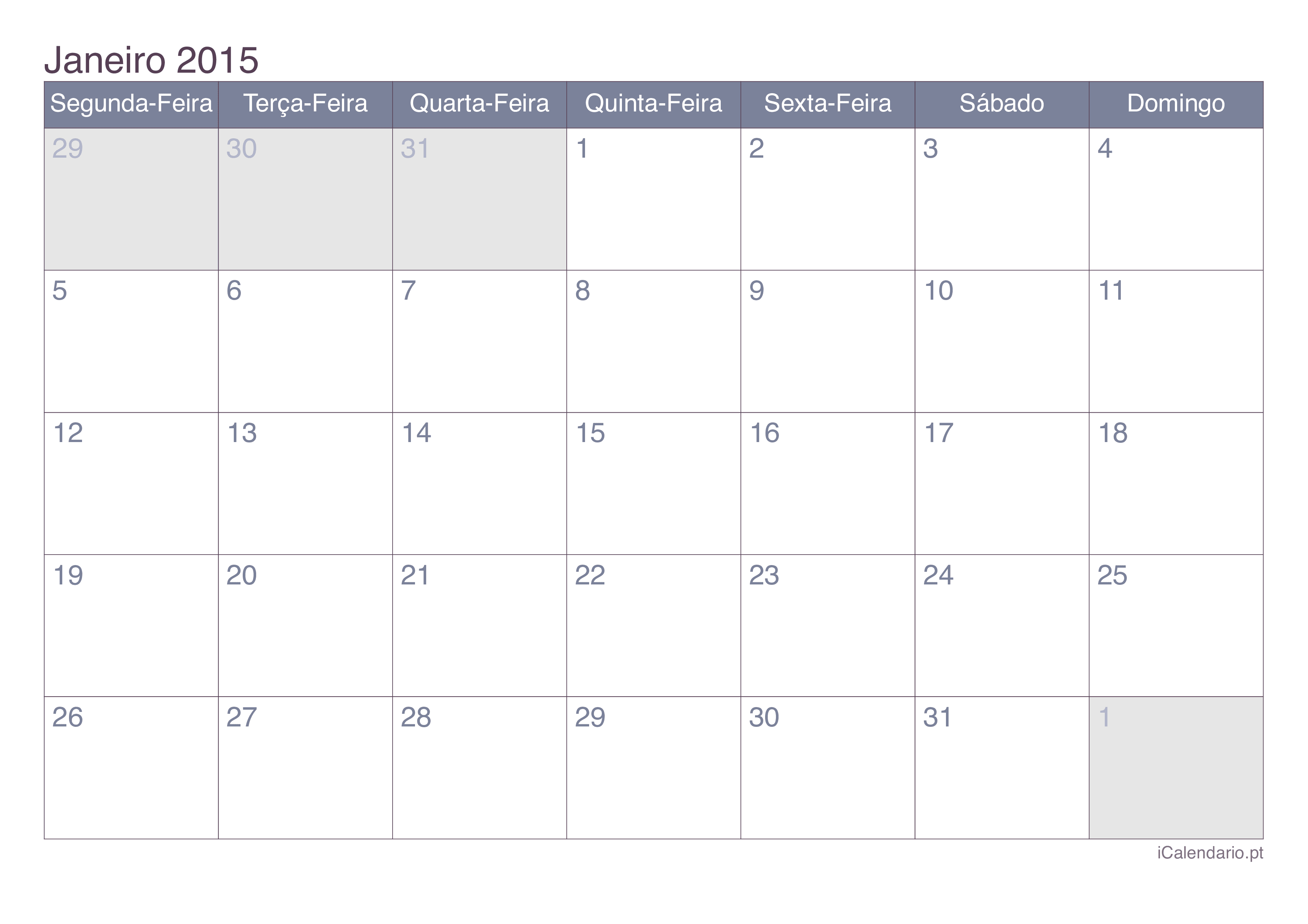 Calendário por mês 2015 - Office