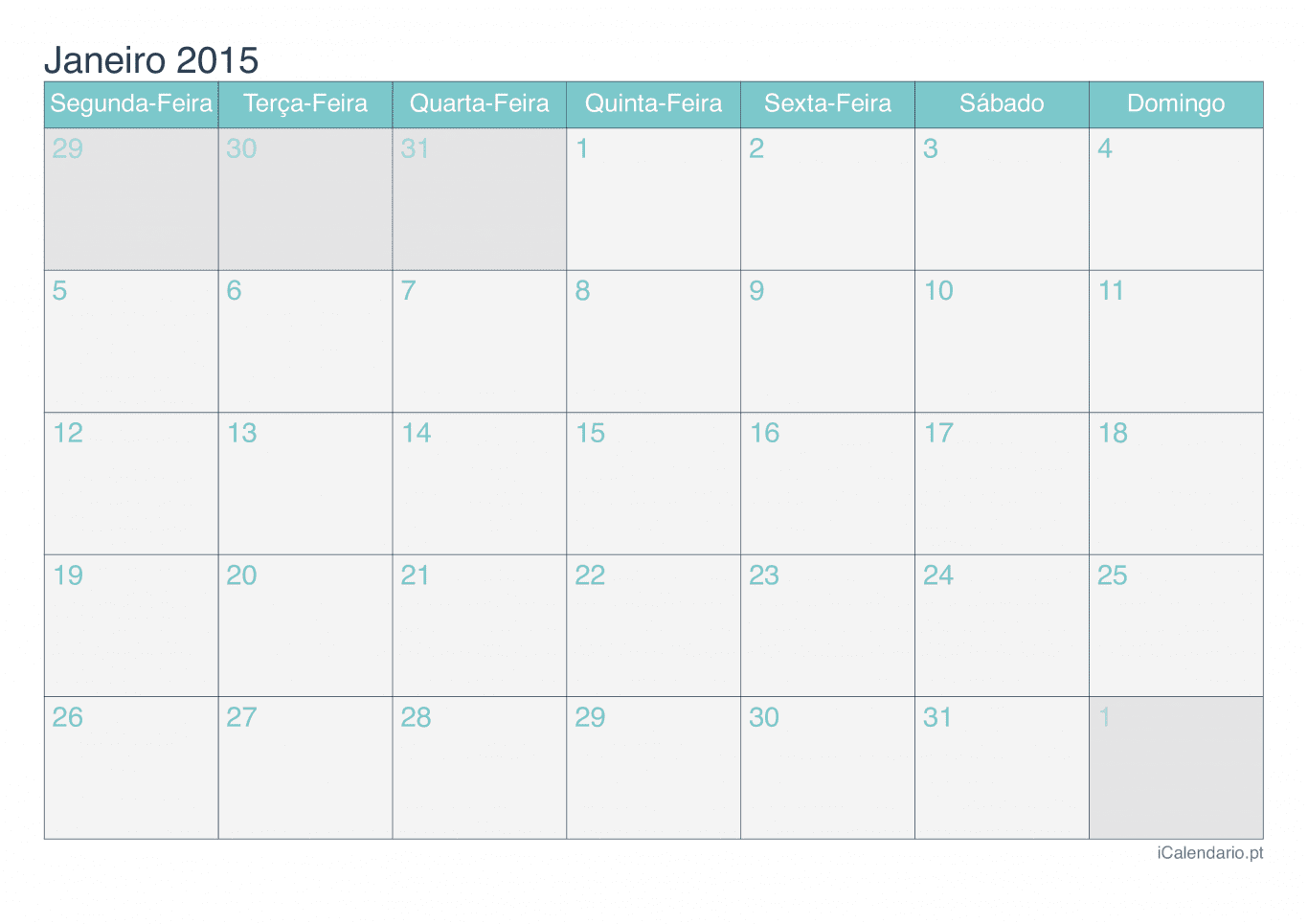 Calendário por mês 2015 - Turquesa