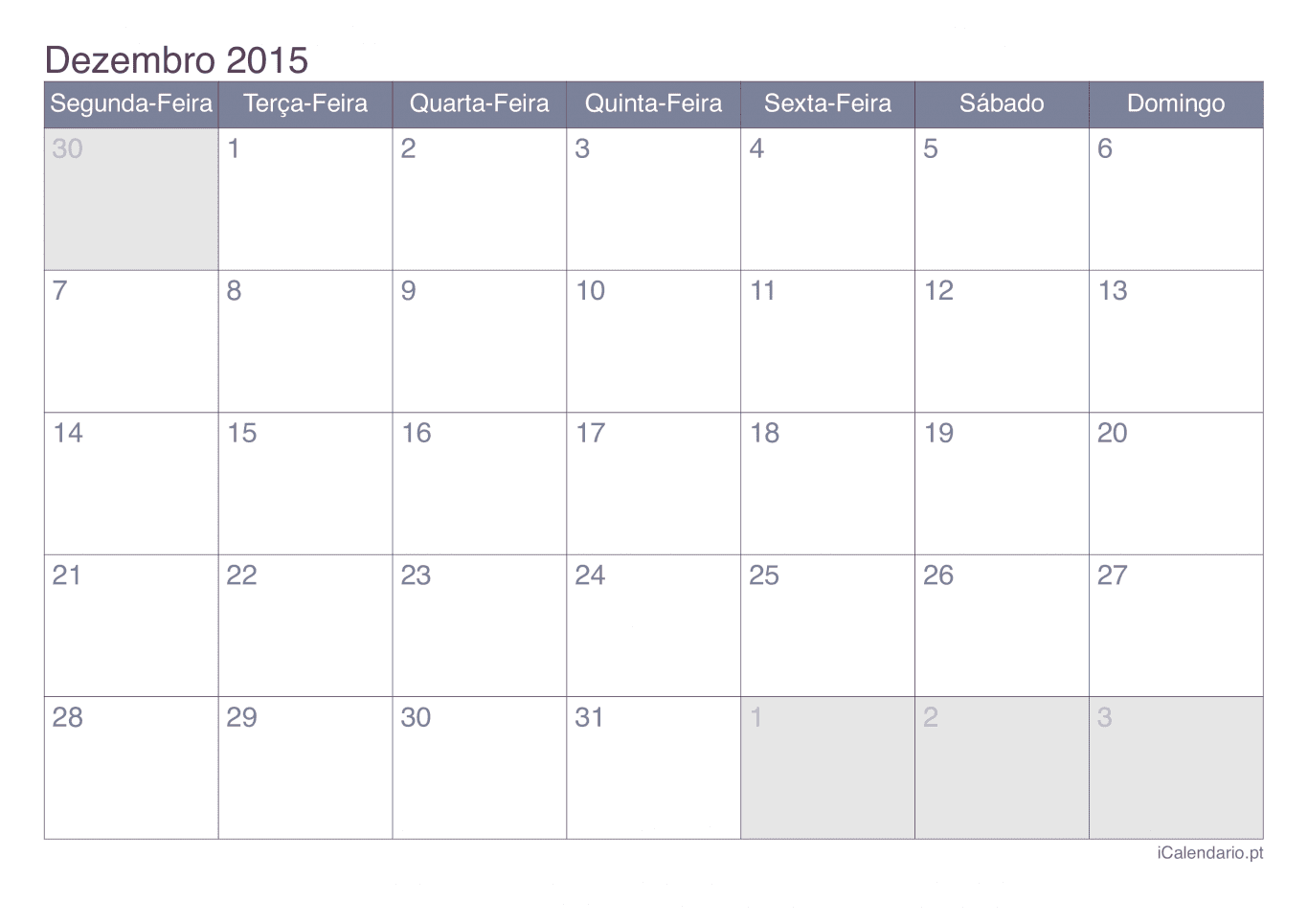 Calendário de dezembro 2015 - Office
