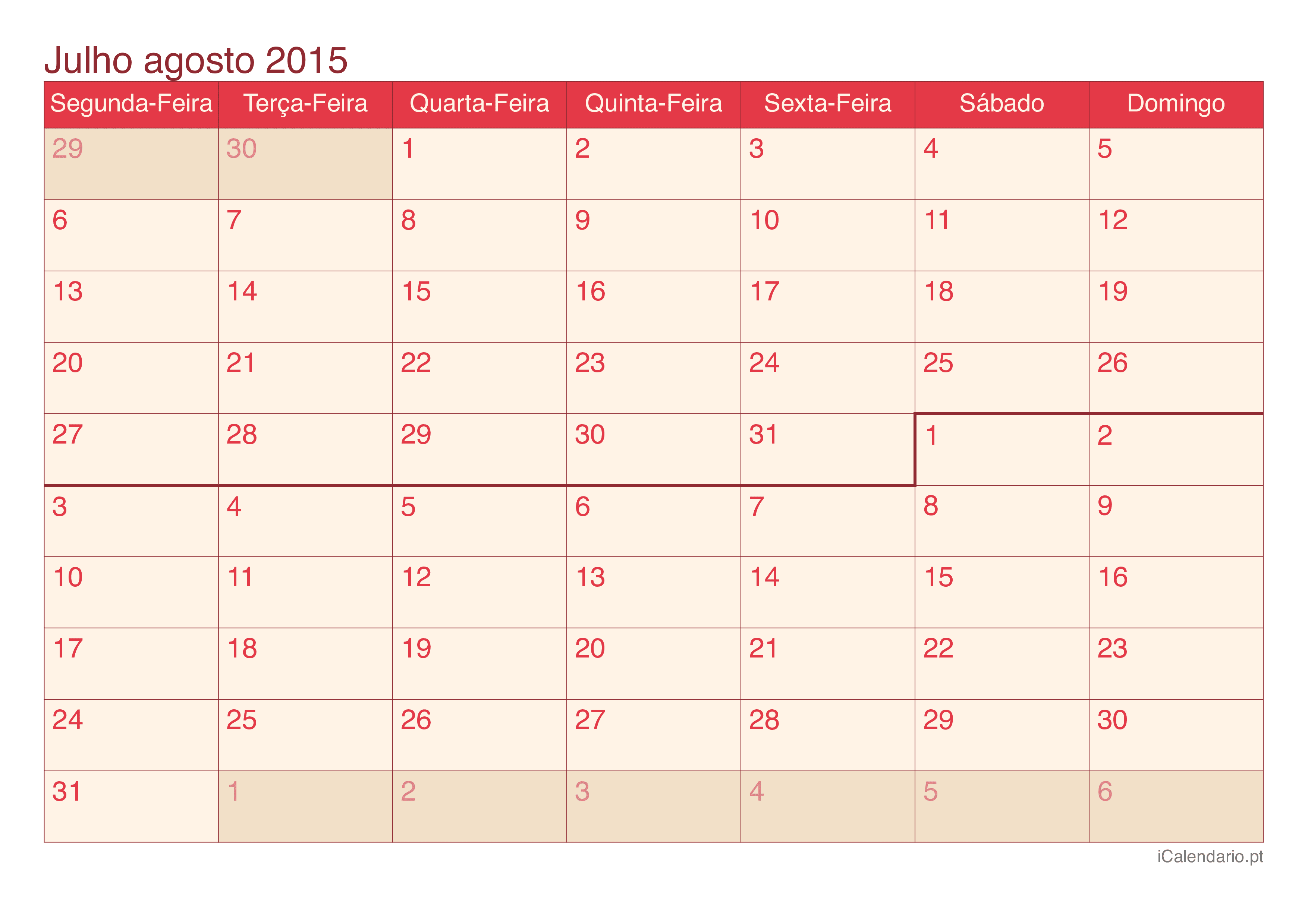 Calendário de julho agosto 2015 - Cherry