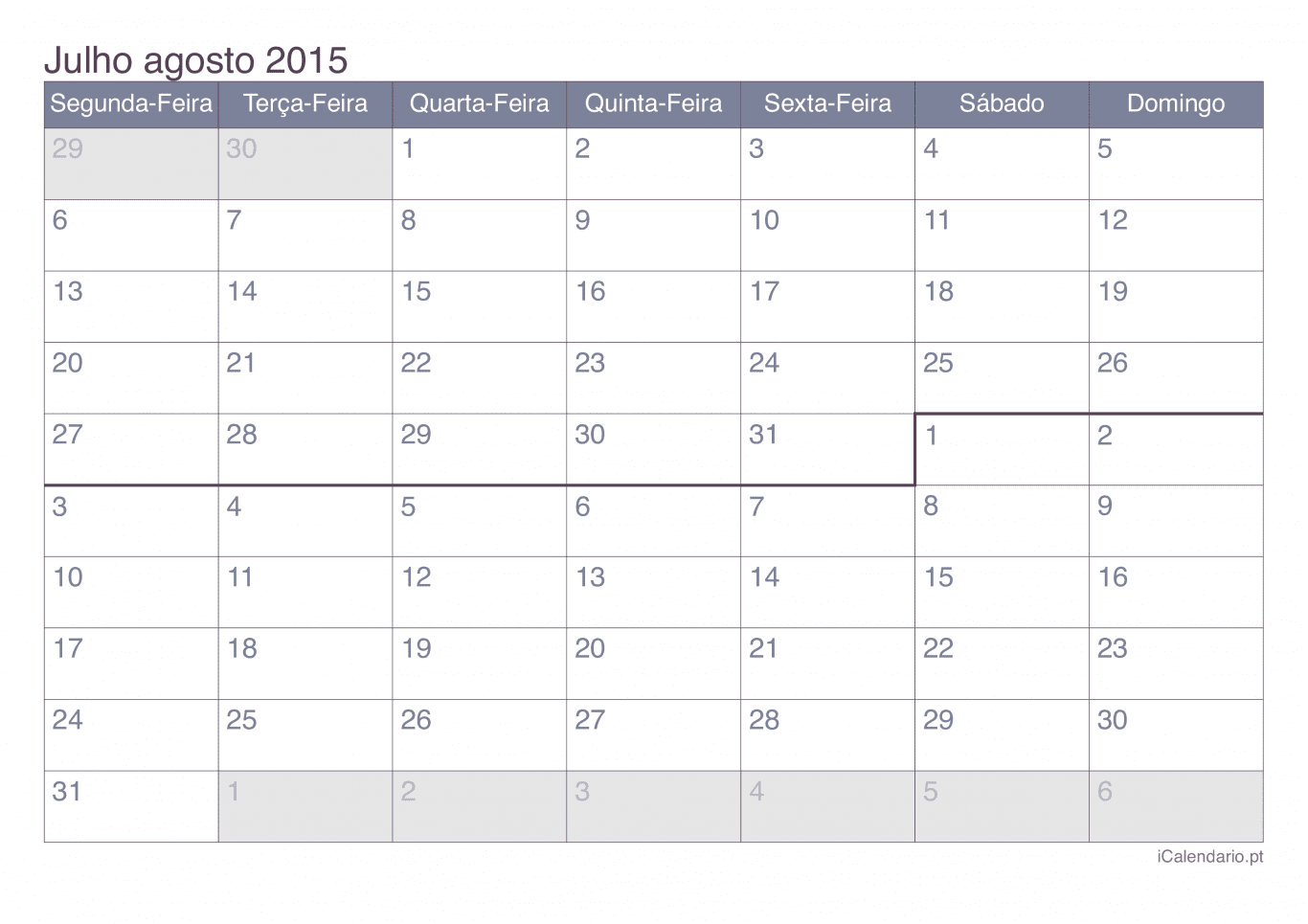 Calendário de julho agosto 2015 - Office