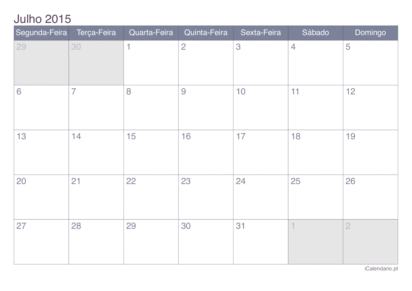 Calendário de julho 2015 - Office