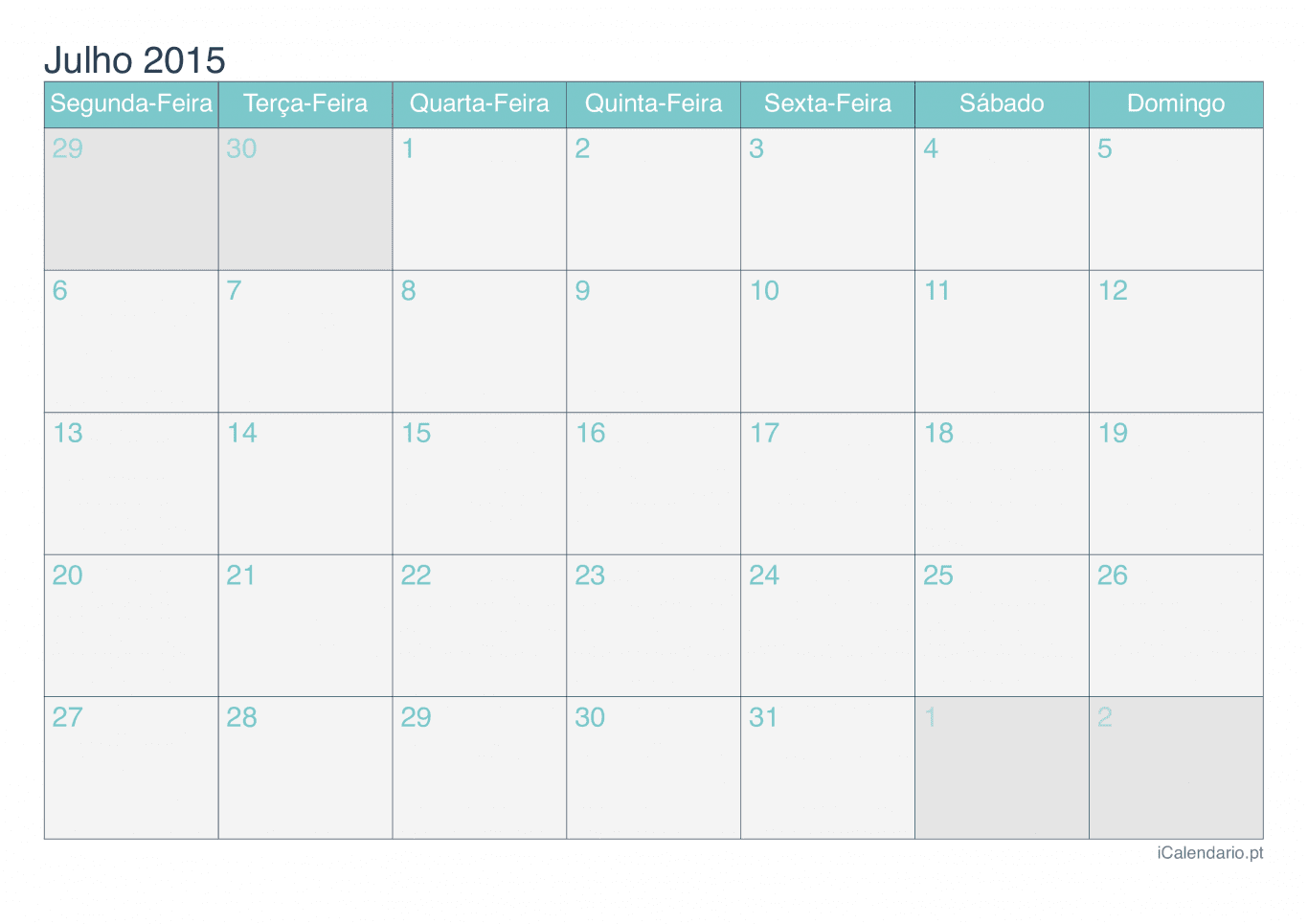 Calendário de julho 2015 - Turquesa