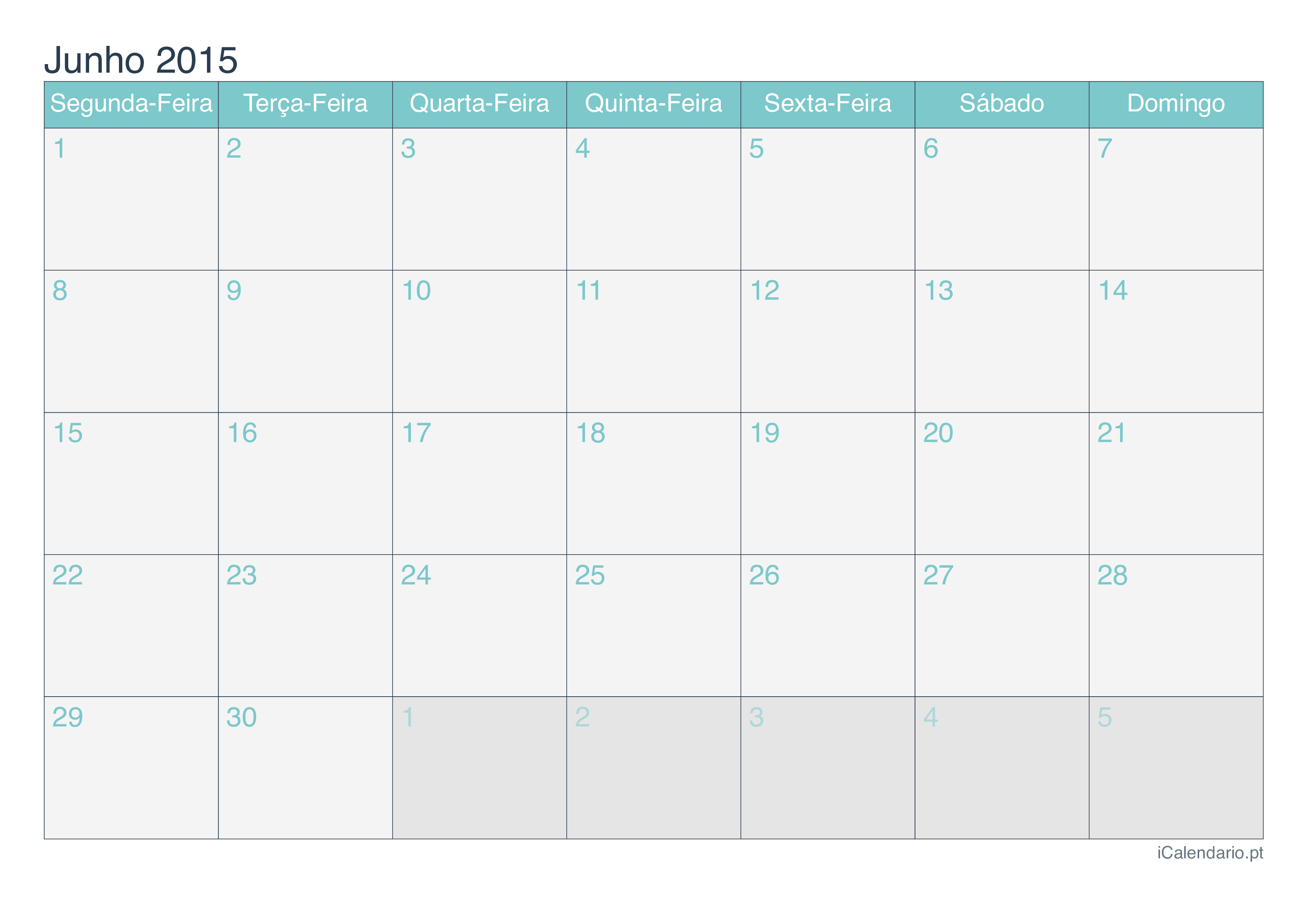 Calendário de junho 2015 - Turquesa
