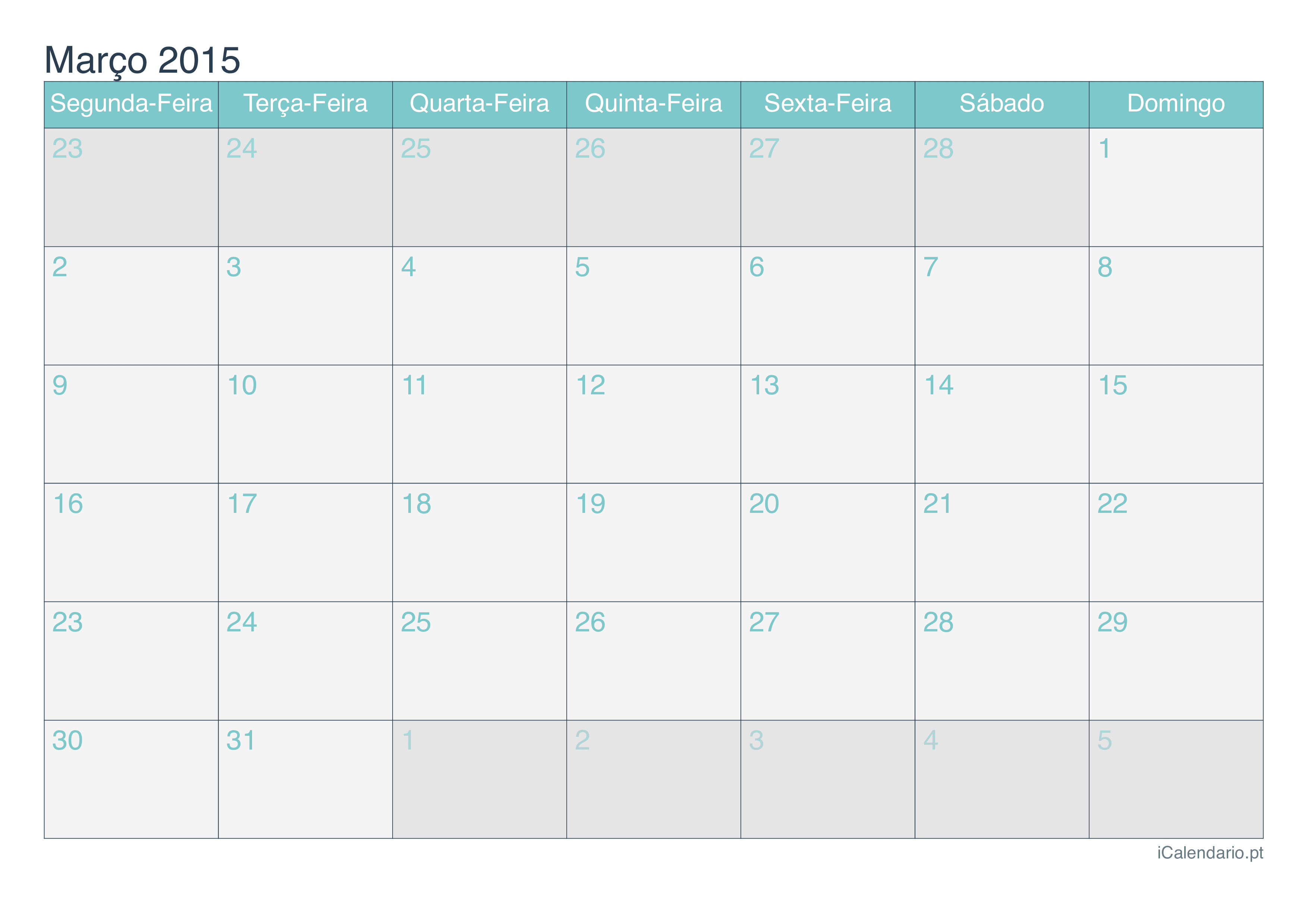 Calendário de março 2015 - Turquesa