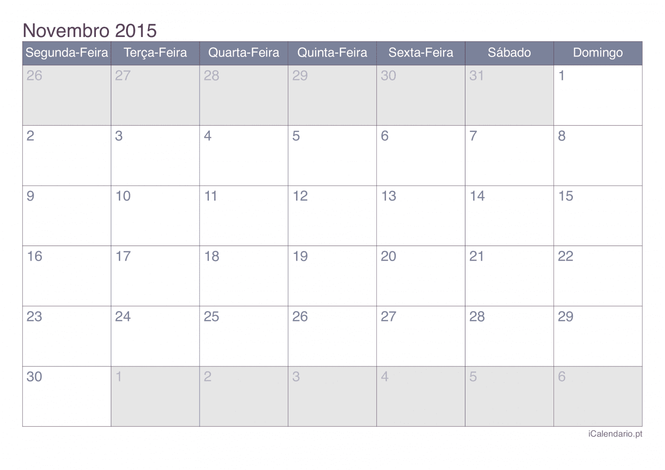 Calendário de novembro 2015 - Office