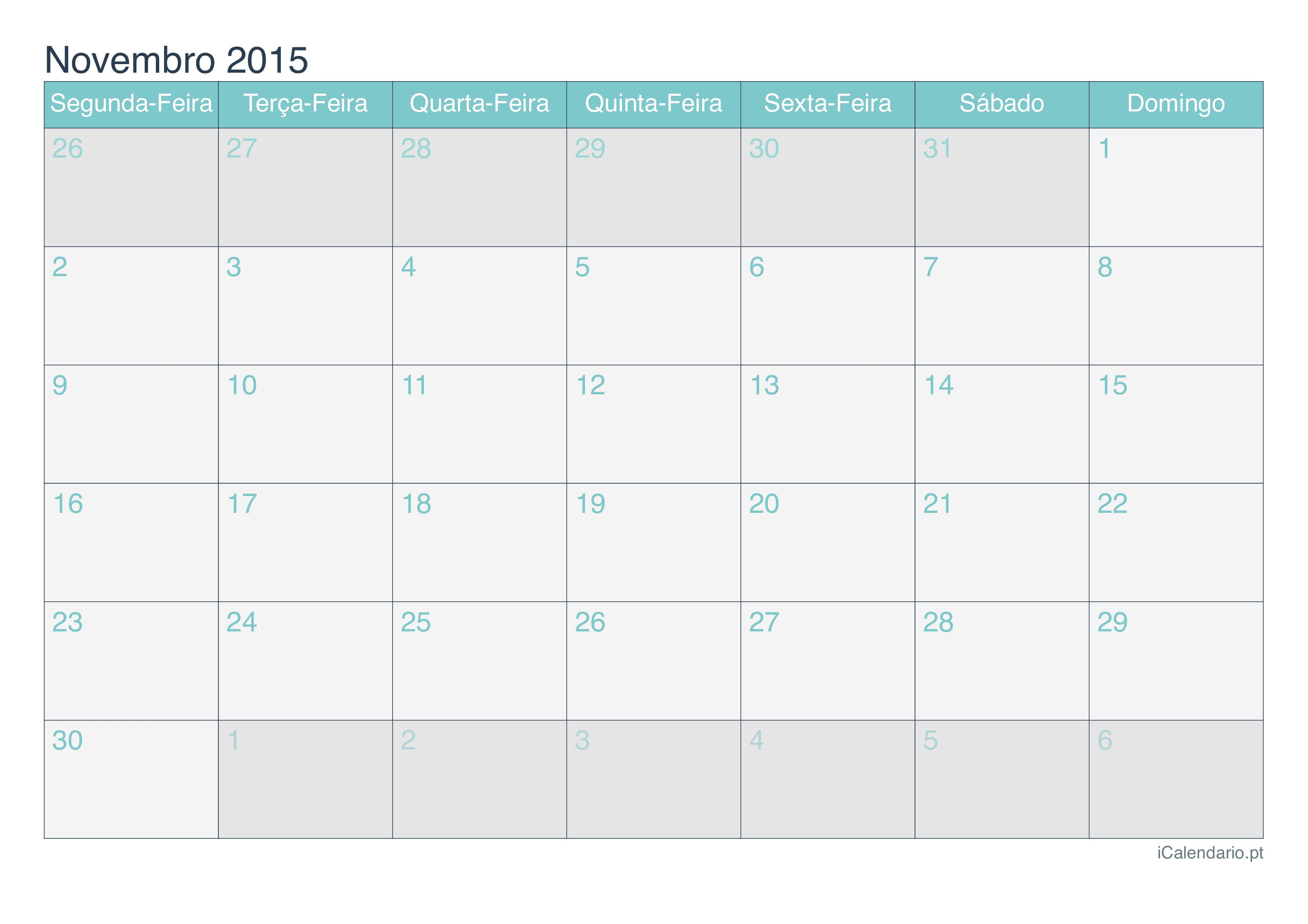 Calendário de novembro 2015 - Turquesa