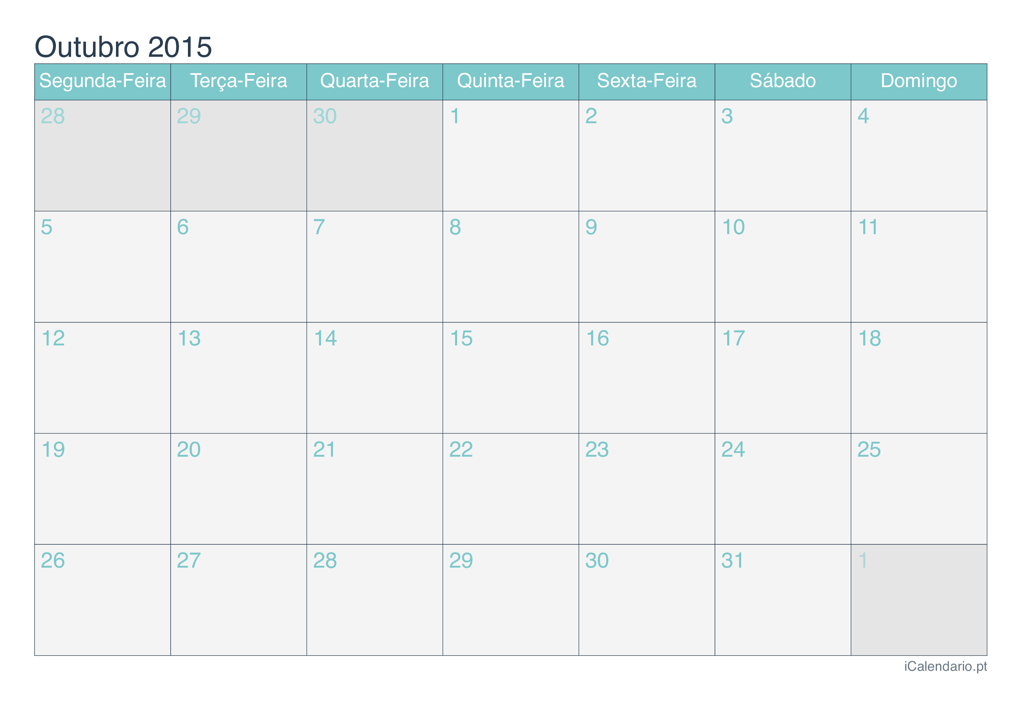 Calendário de outubro 2015 - Turquesa