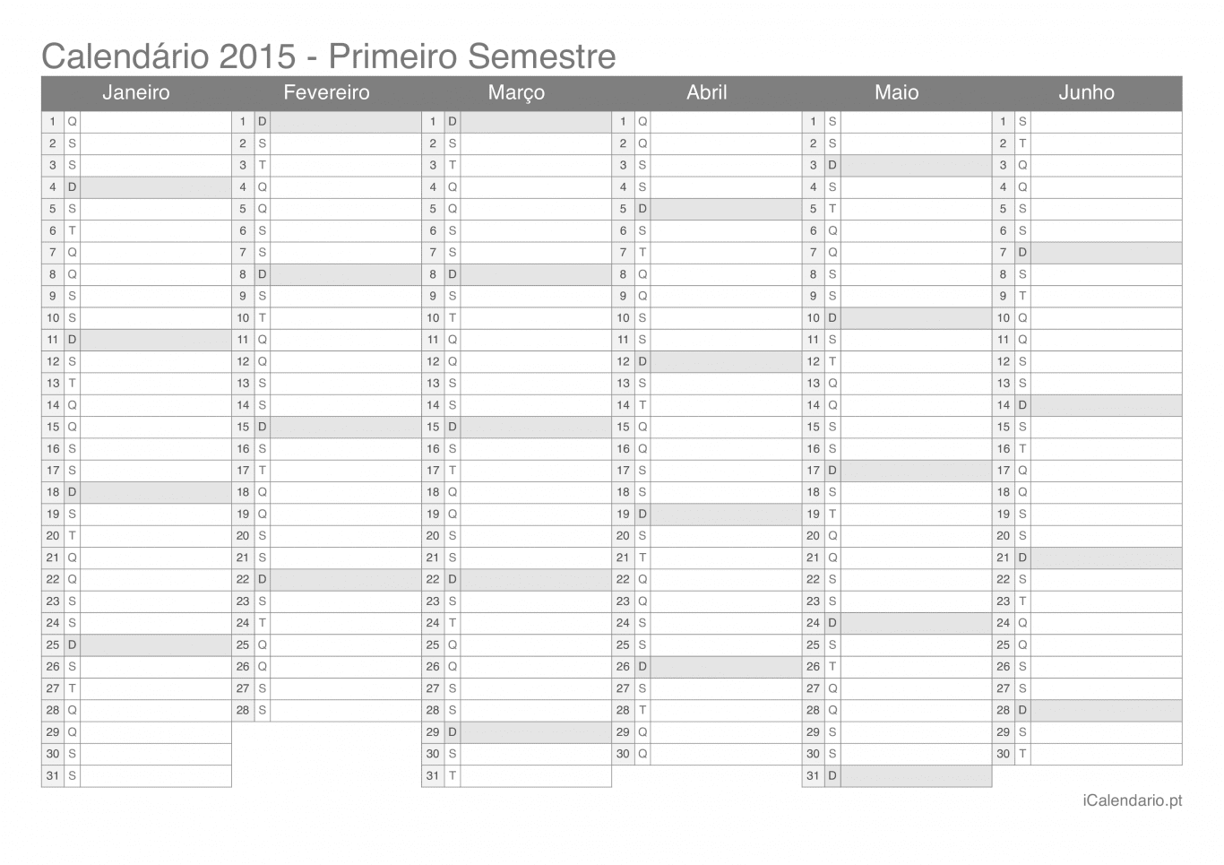 Calendário por semestre 2015