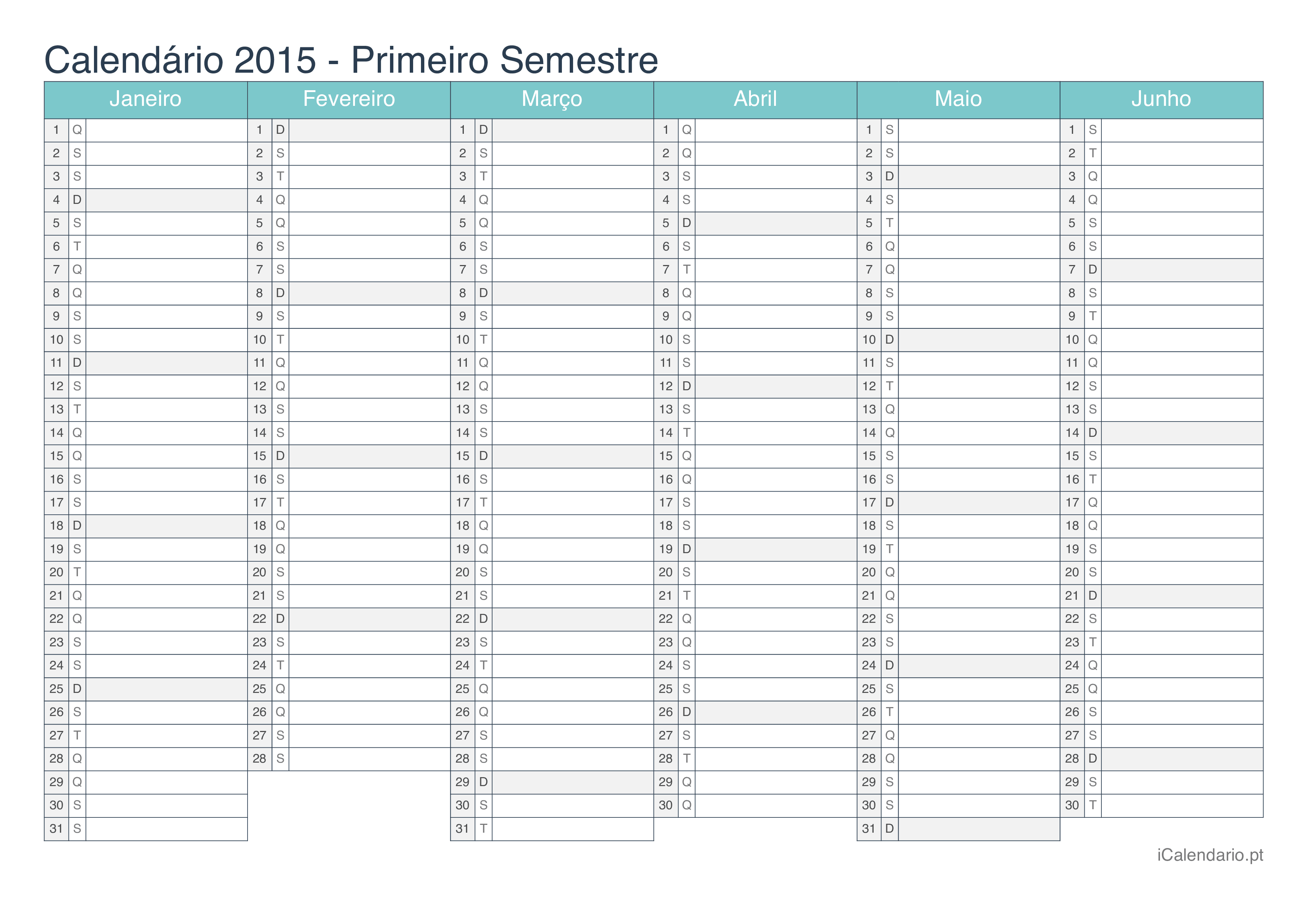 Calendário por semestre 2015 - Turquesa