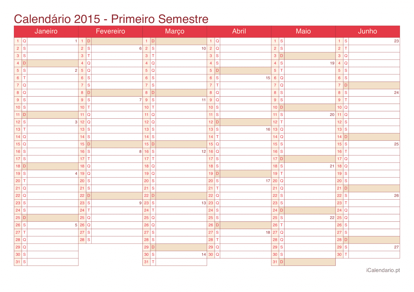Calendário por semestre com números da semana 2015 - Cherry