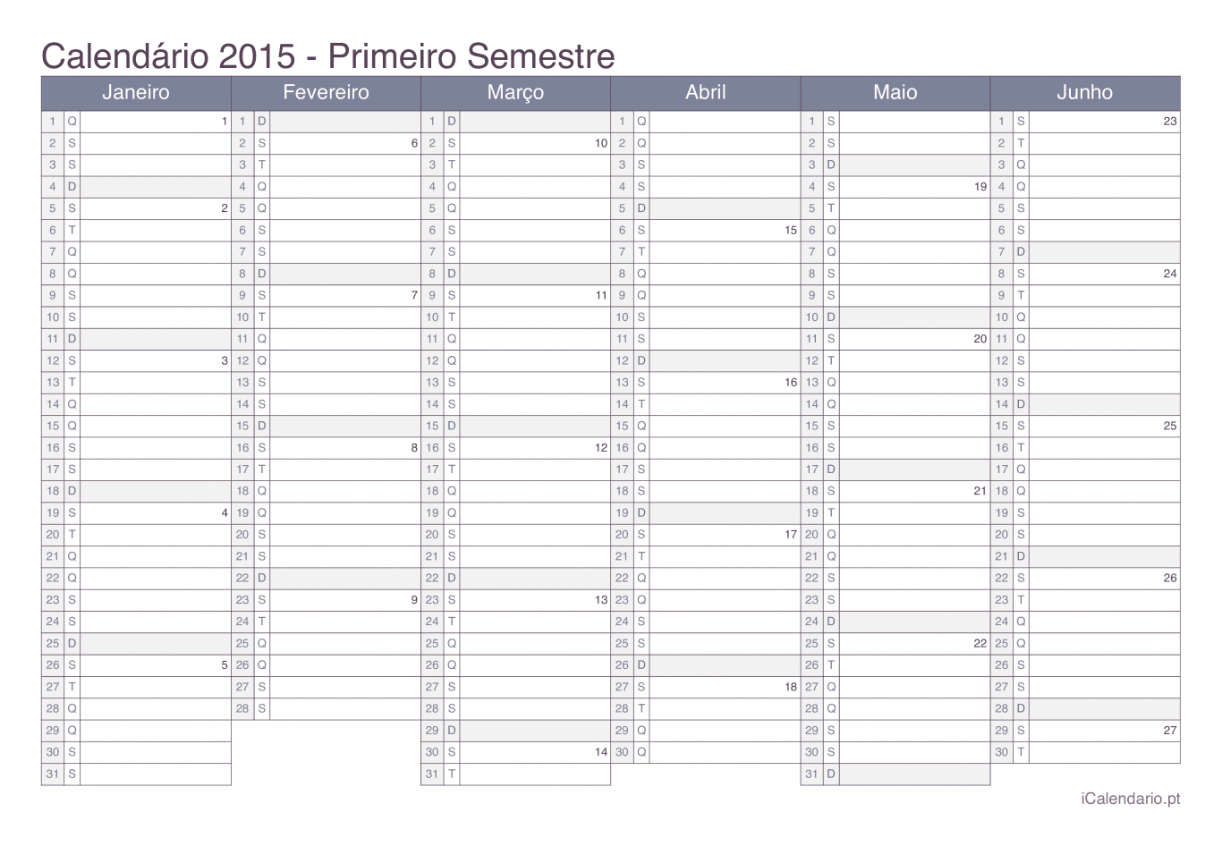 Calendário por semestre com números da semana 2015 - Office