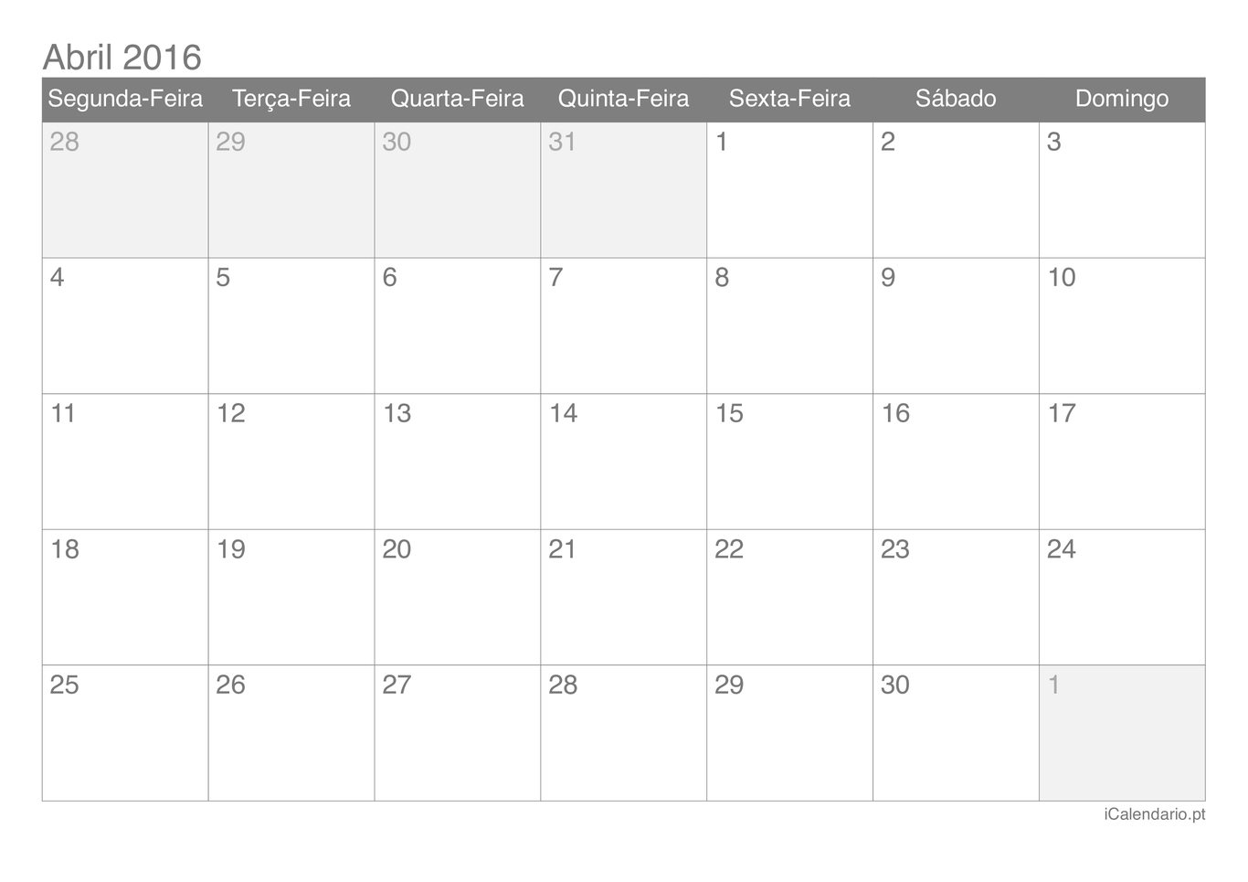 Calendário de abril 2016