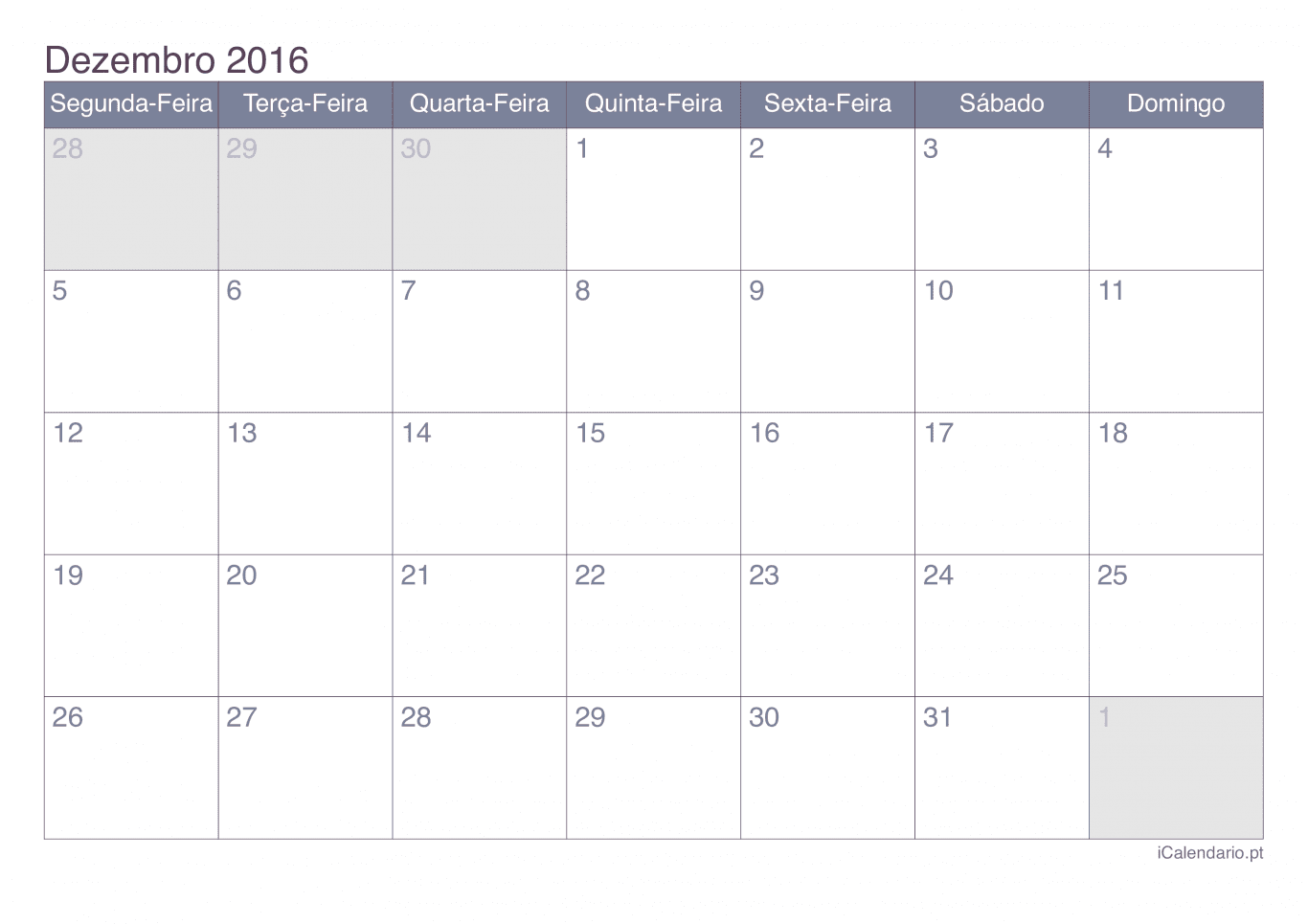 Calendário de dezembro 2016 - Office