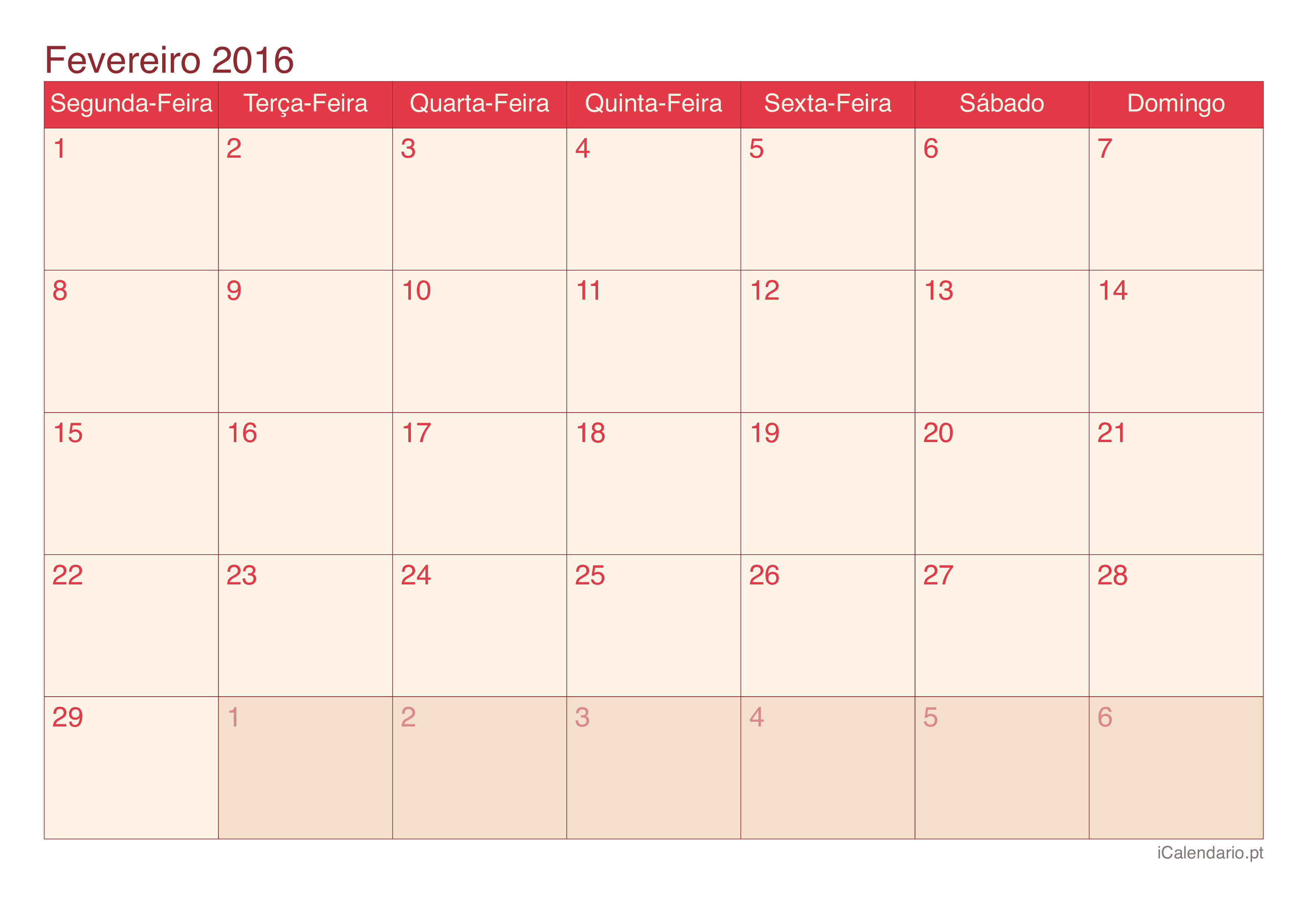 Calendário de fevereiro 2016 - Cherry