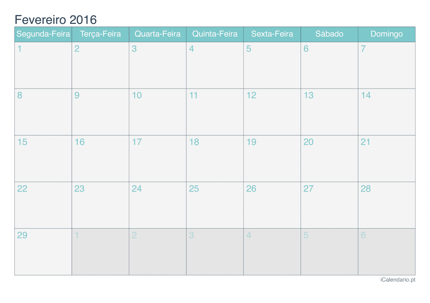 Calendário de fevereiro 2016 - Turquesa