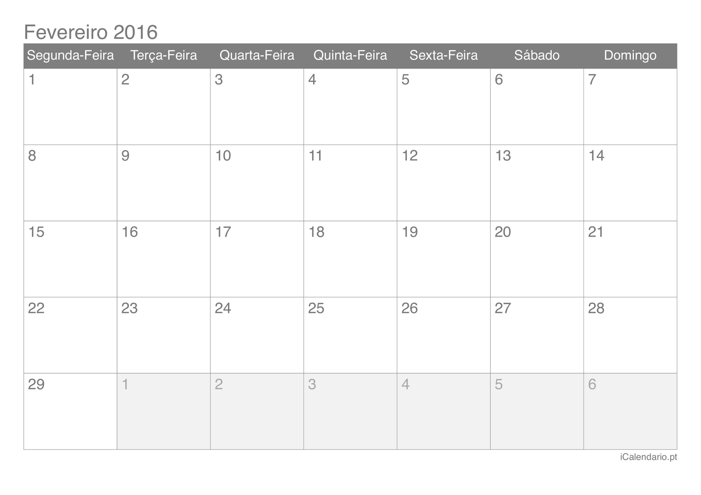 Calendário de fevereiro 2016
