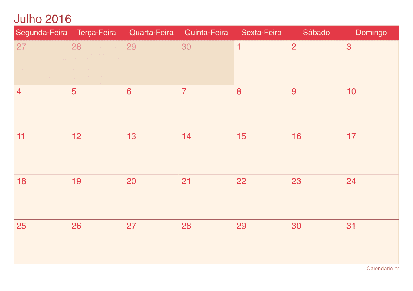 Calendário de julho 2016 - Cherry